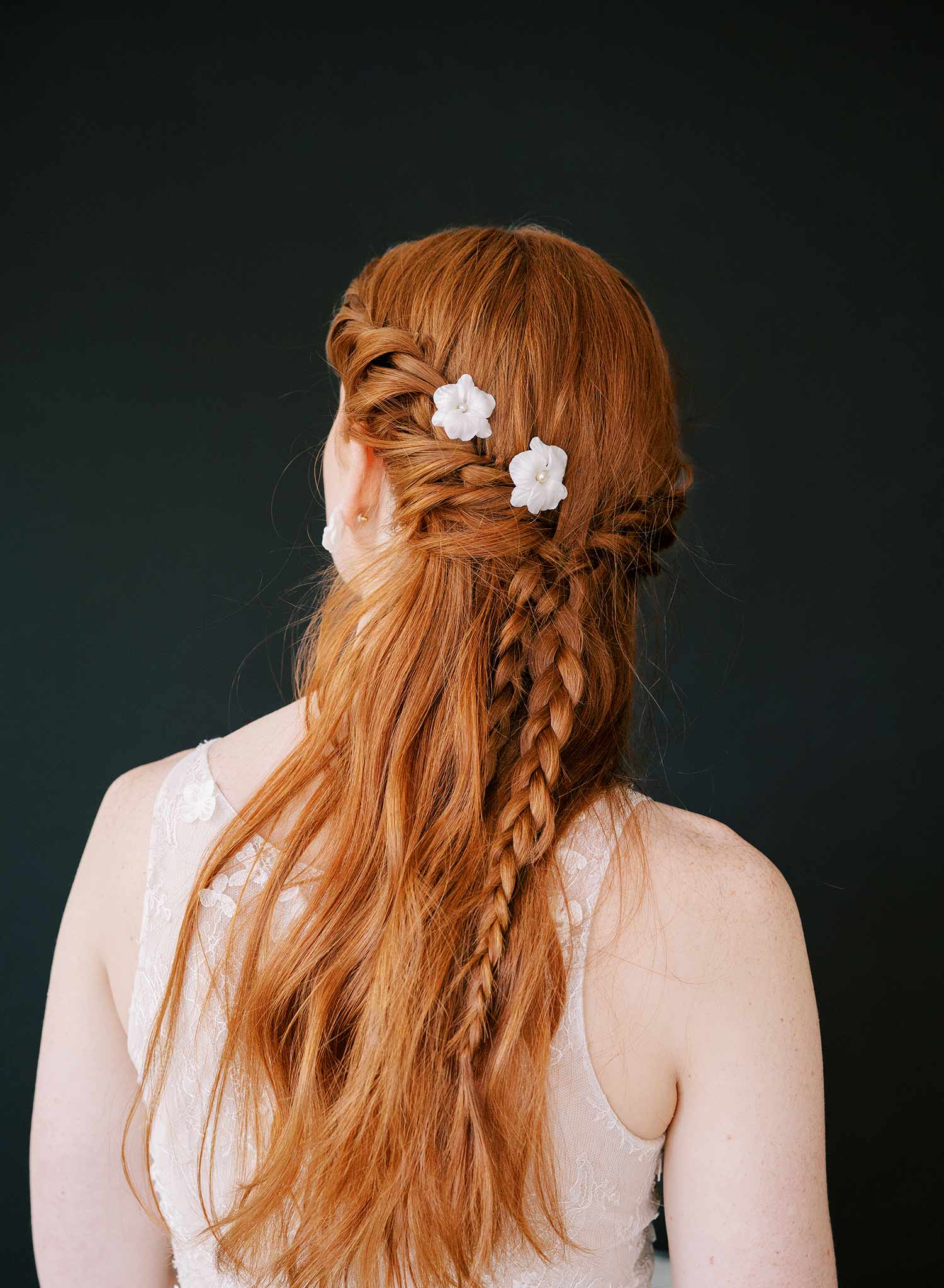 handmade clay orchid white bridal hair pins, twigs & honey