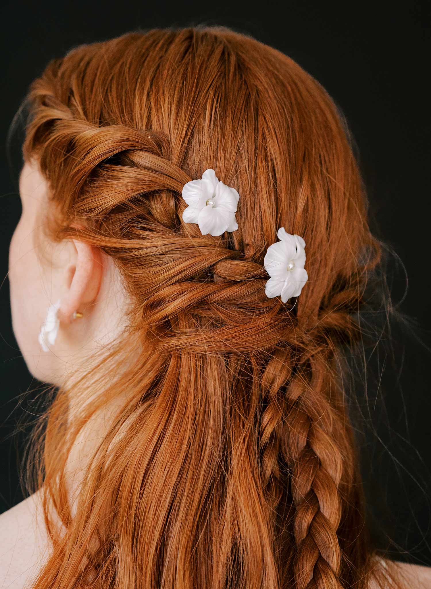 handmade clay orchid white bridal hair pins, twigs & honey