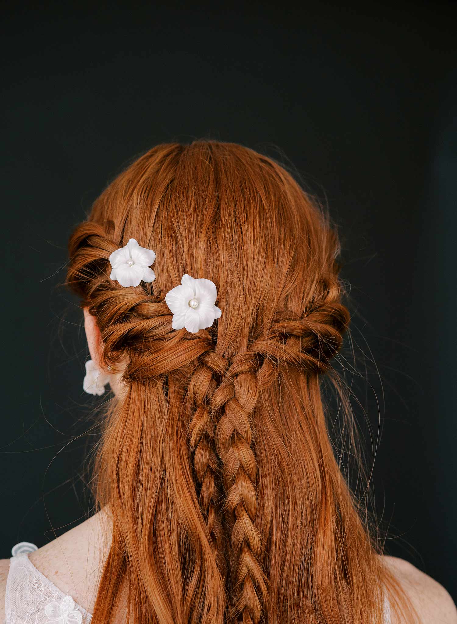 handmade clay orchid white bridal hair pins, twigs & honey