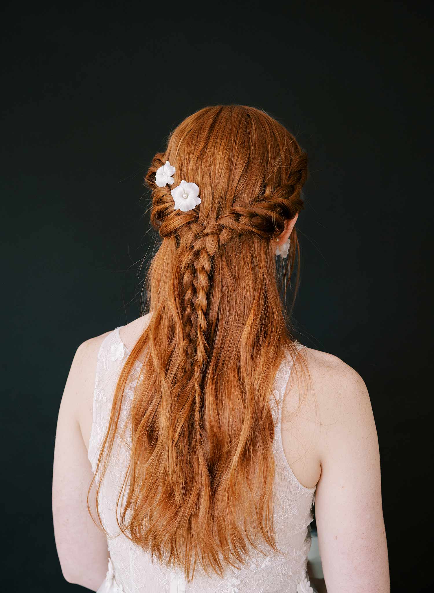 handmade clay orchid white bridal hair pins, twigs & honey