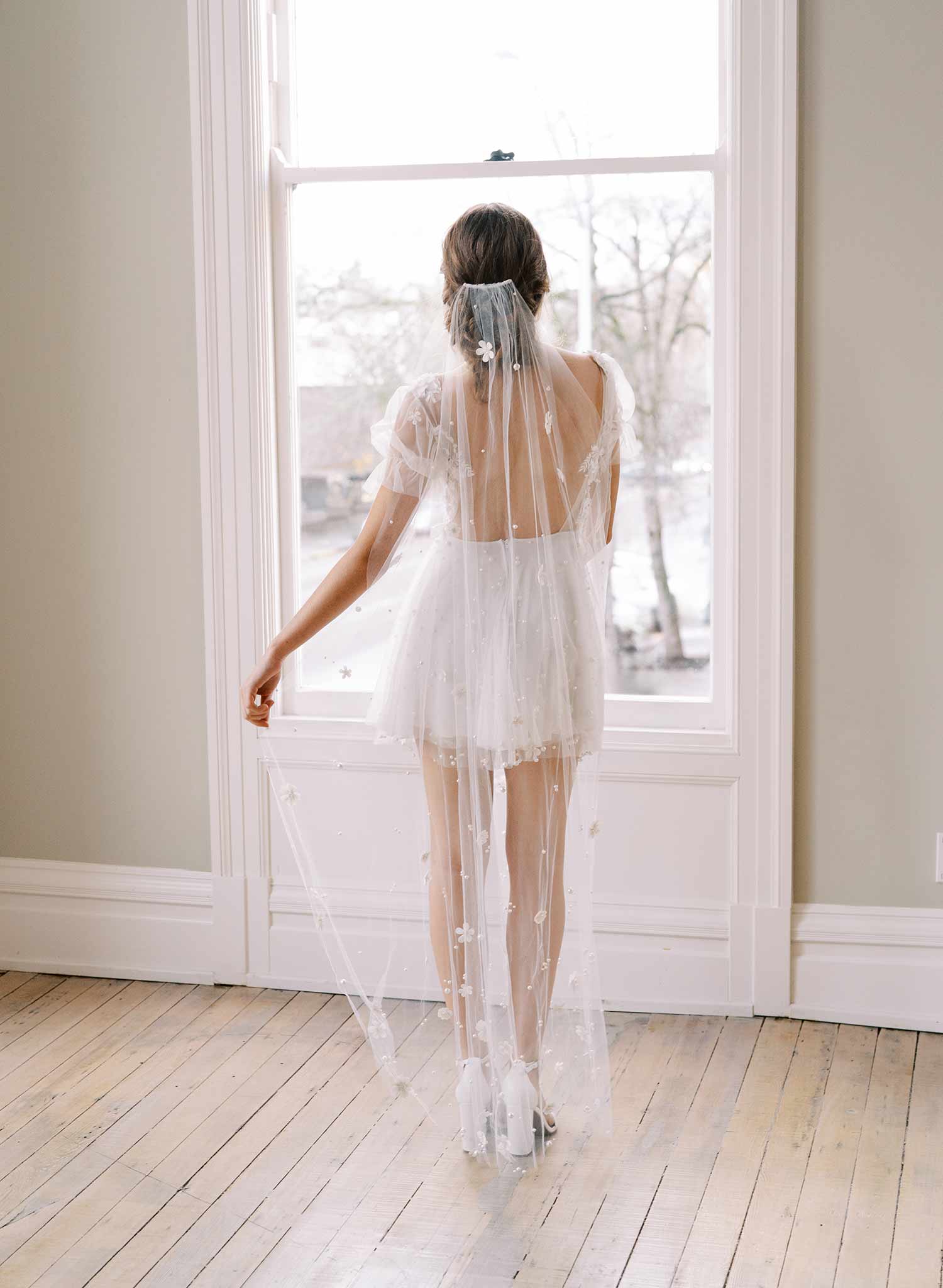 floral embroidered train bridal veil, twigs & honey