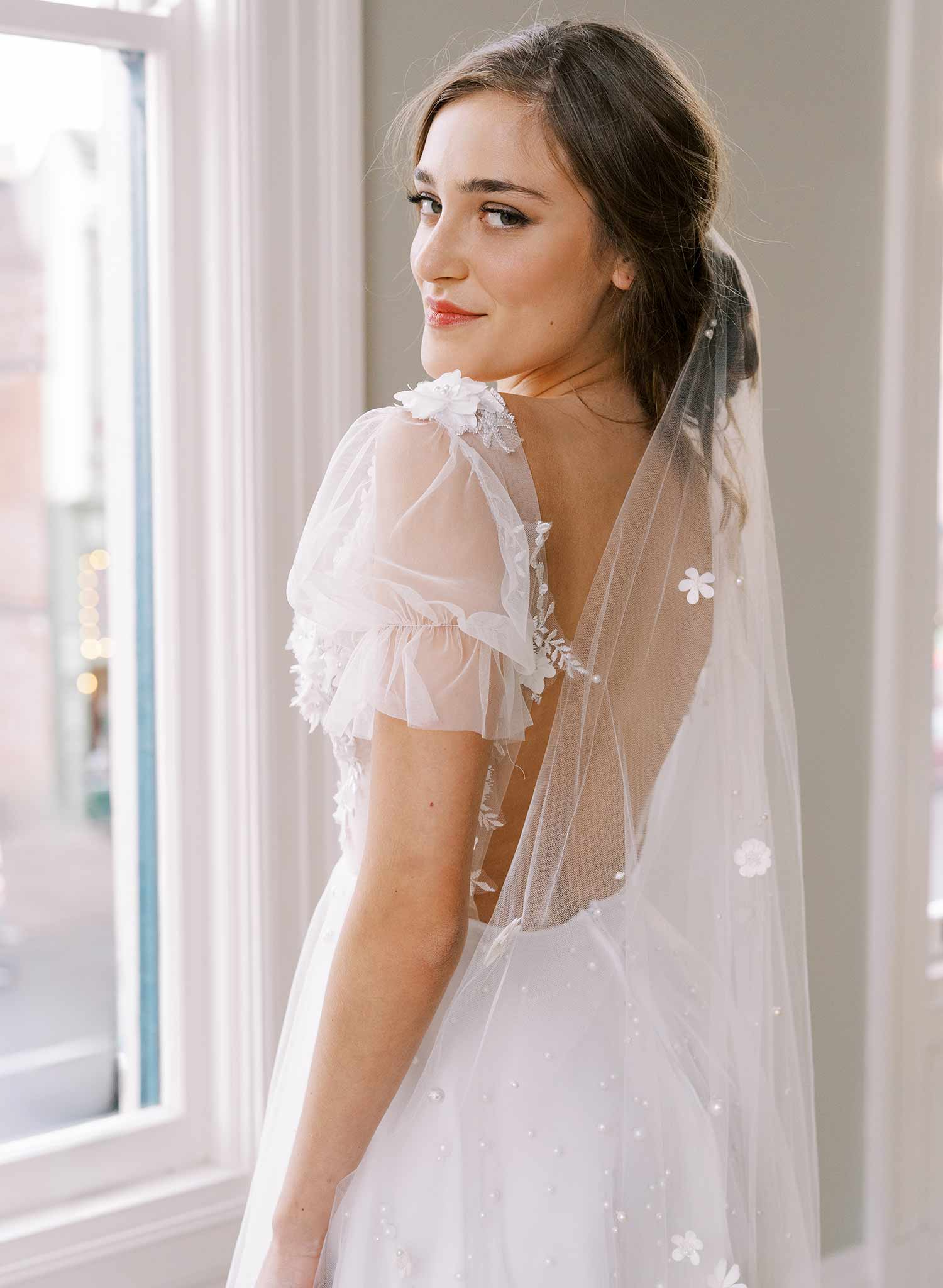 floral embroidered train bridal veil, twigs & honey