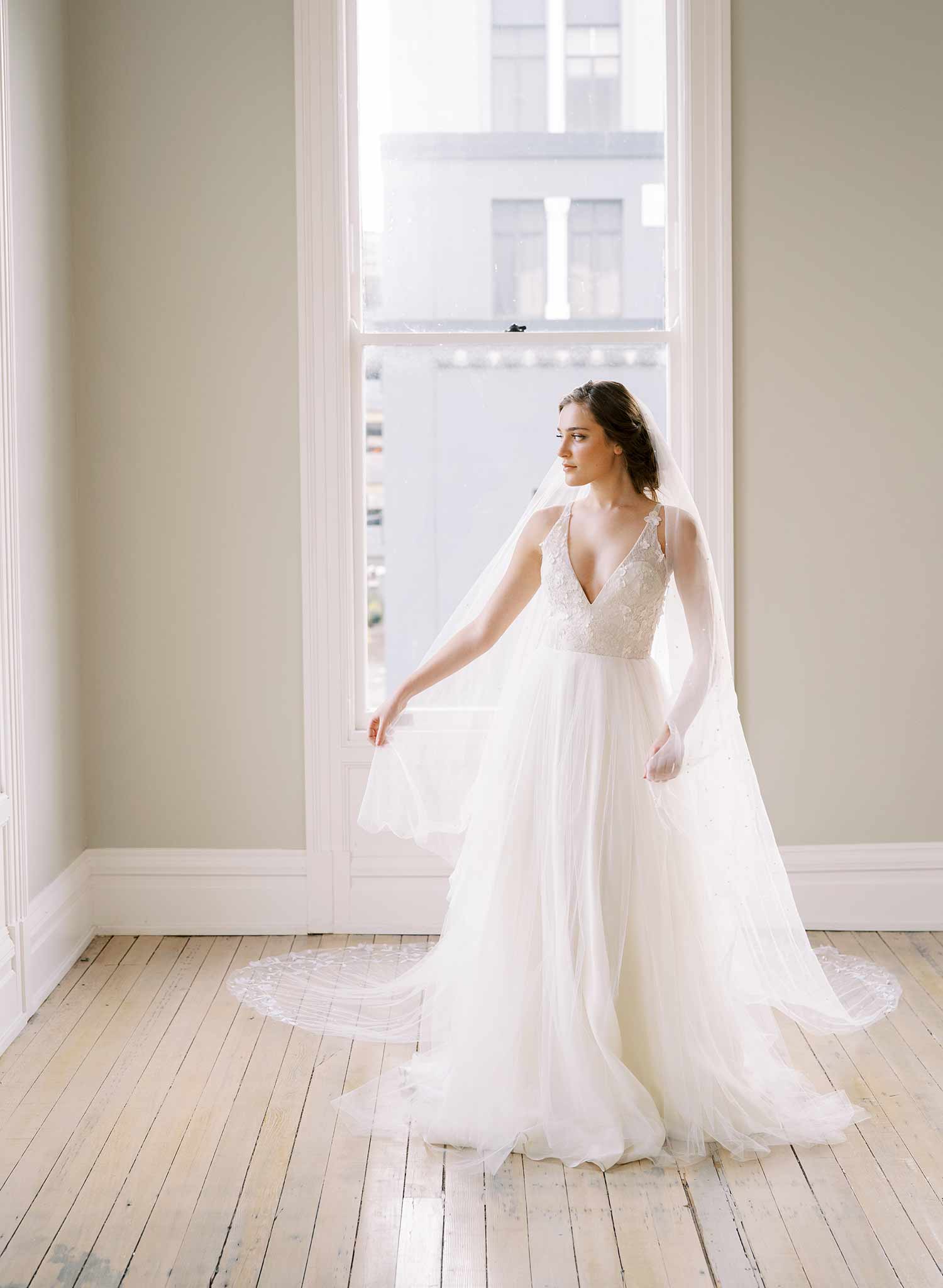 long lace trimmed embellished tulle bridal veil, twigs & honey