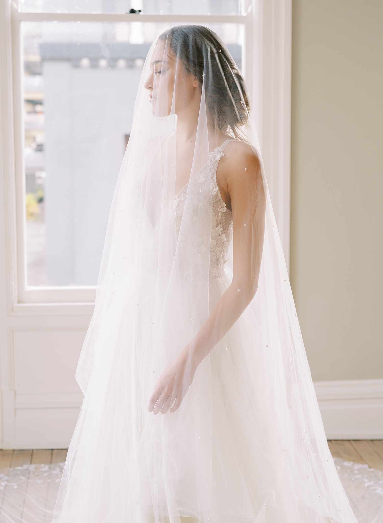 long lace trimmed embellished tulle bridal veil, twigs & honey