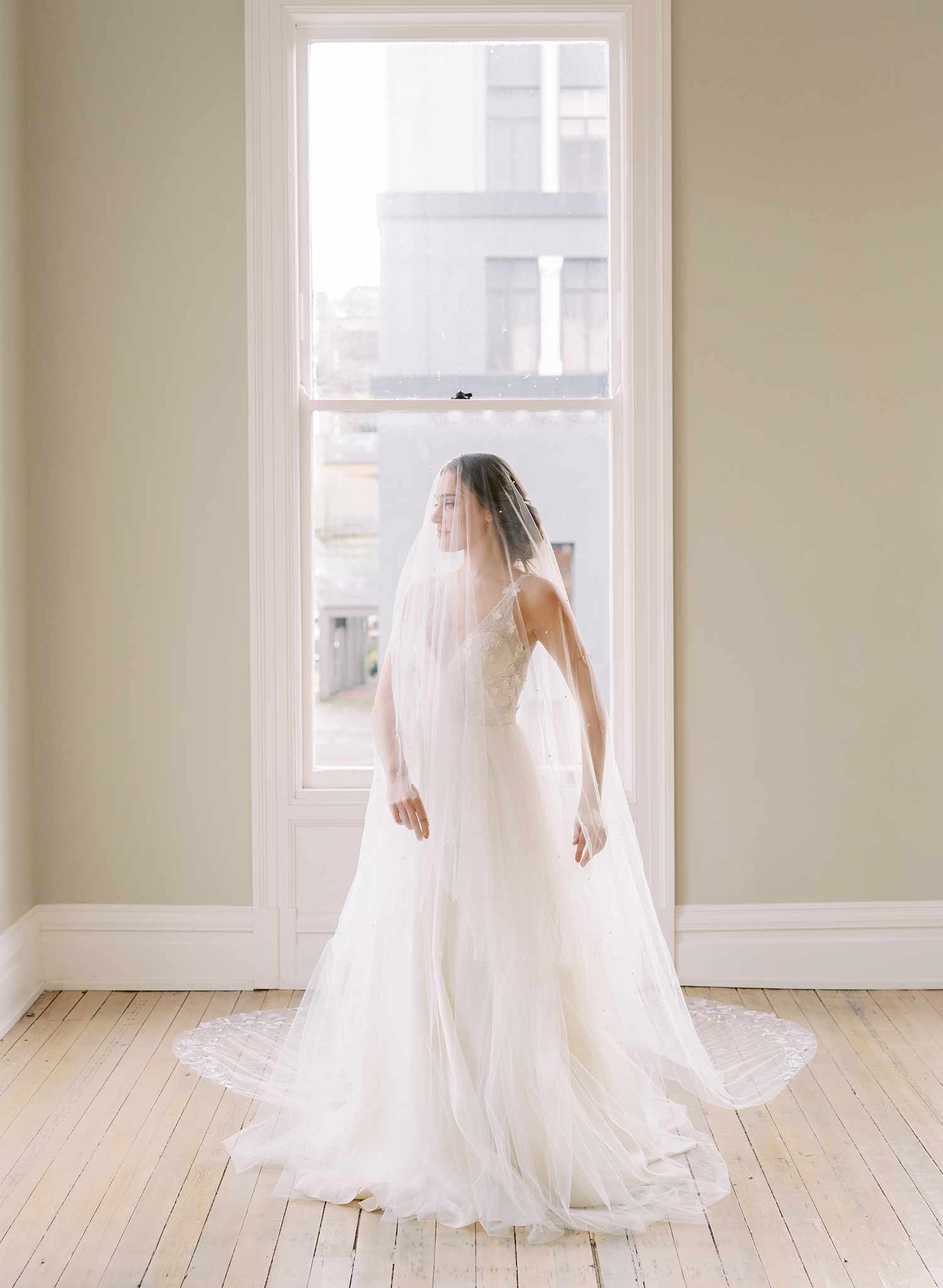 long lace trimmed embellished tulle bridal veil, twigs & honey