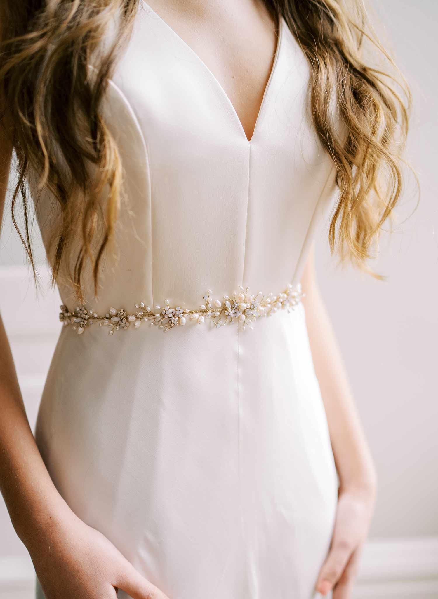 gold and silver freshwater pearl and opal crystal wedding sash, twigs & honey