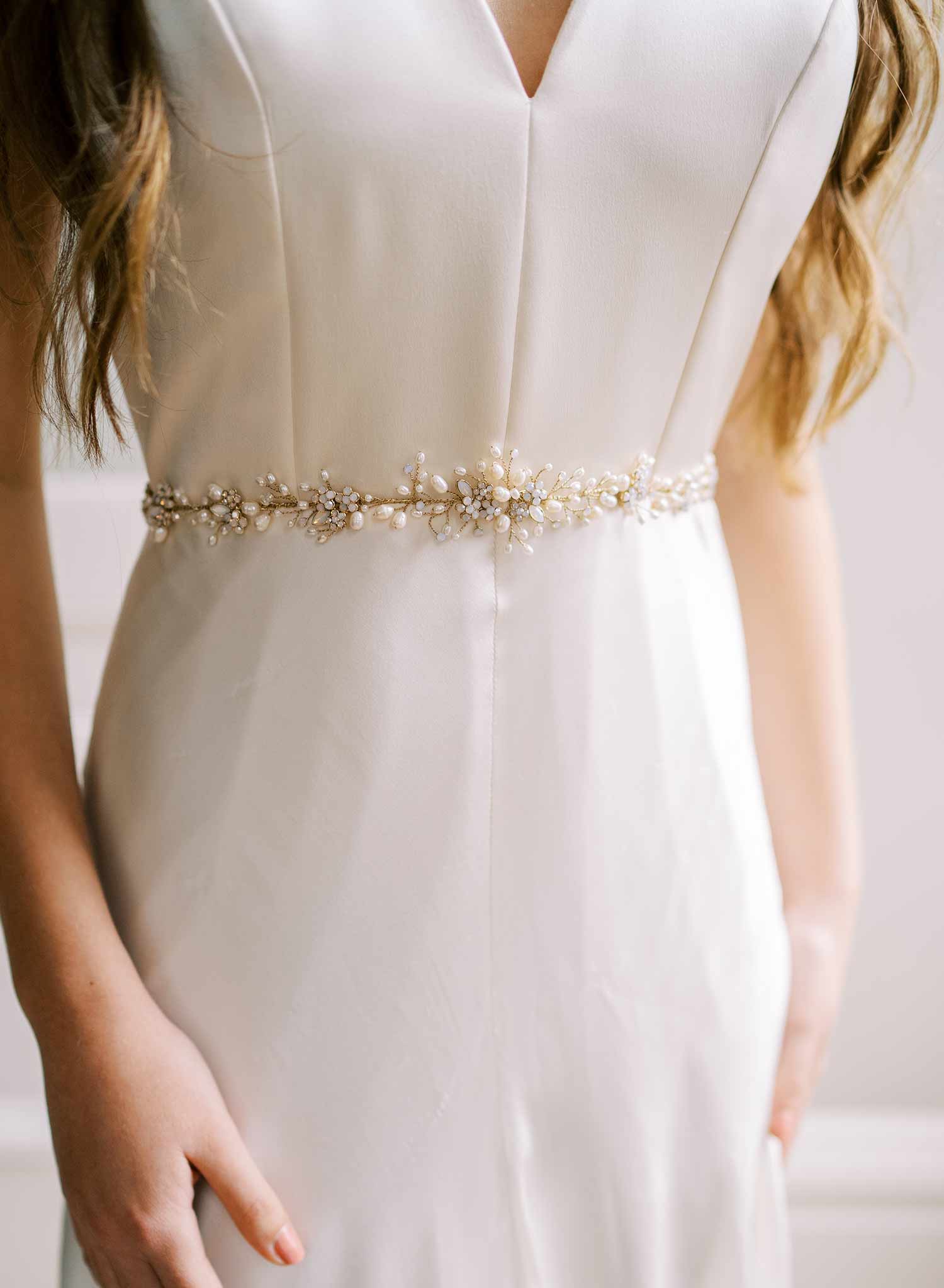 gold and silver freshwater pearl and opal crystal wedding sash, twigs & honey