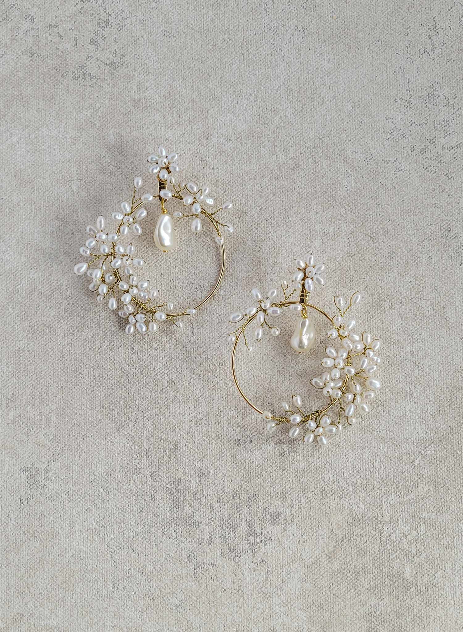 Freshwater pearl hoop earrings with drop baroque pearl bead. By Twigs & Honey