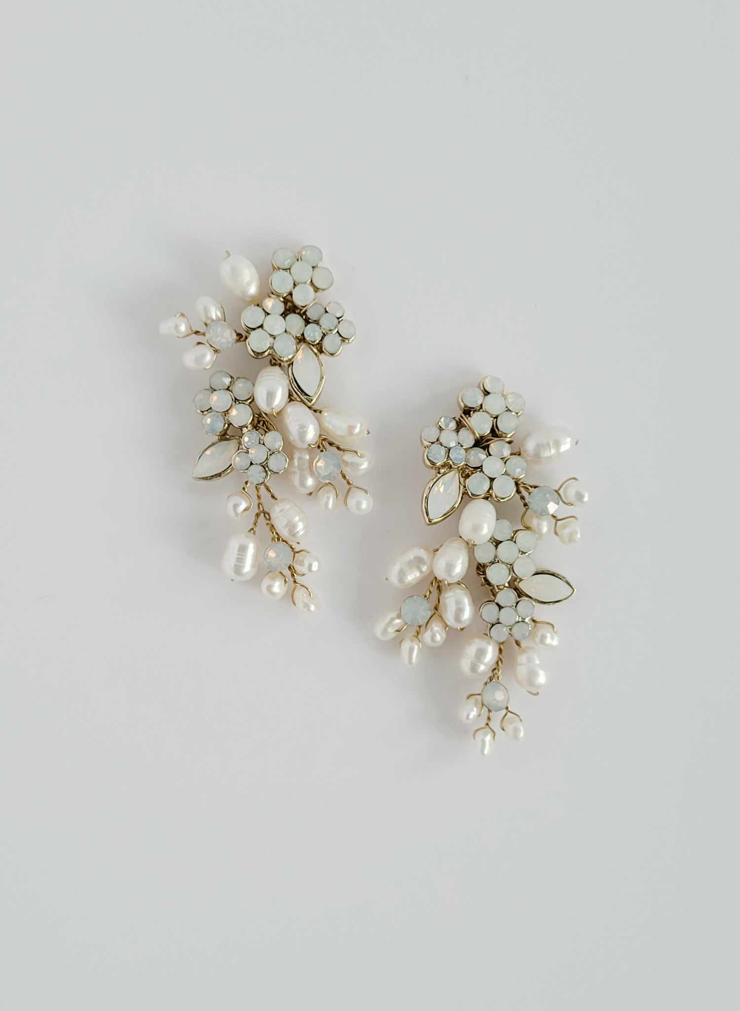 Freshwater pearl and crystal bridal clustered earrings, jewelry by Twigs and Honey