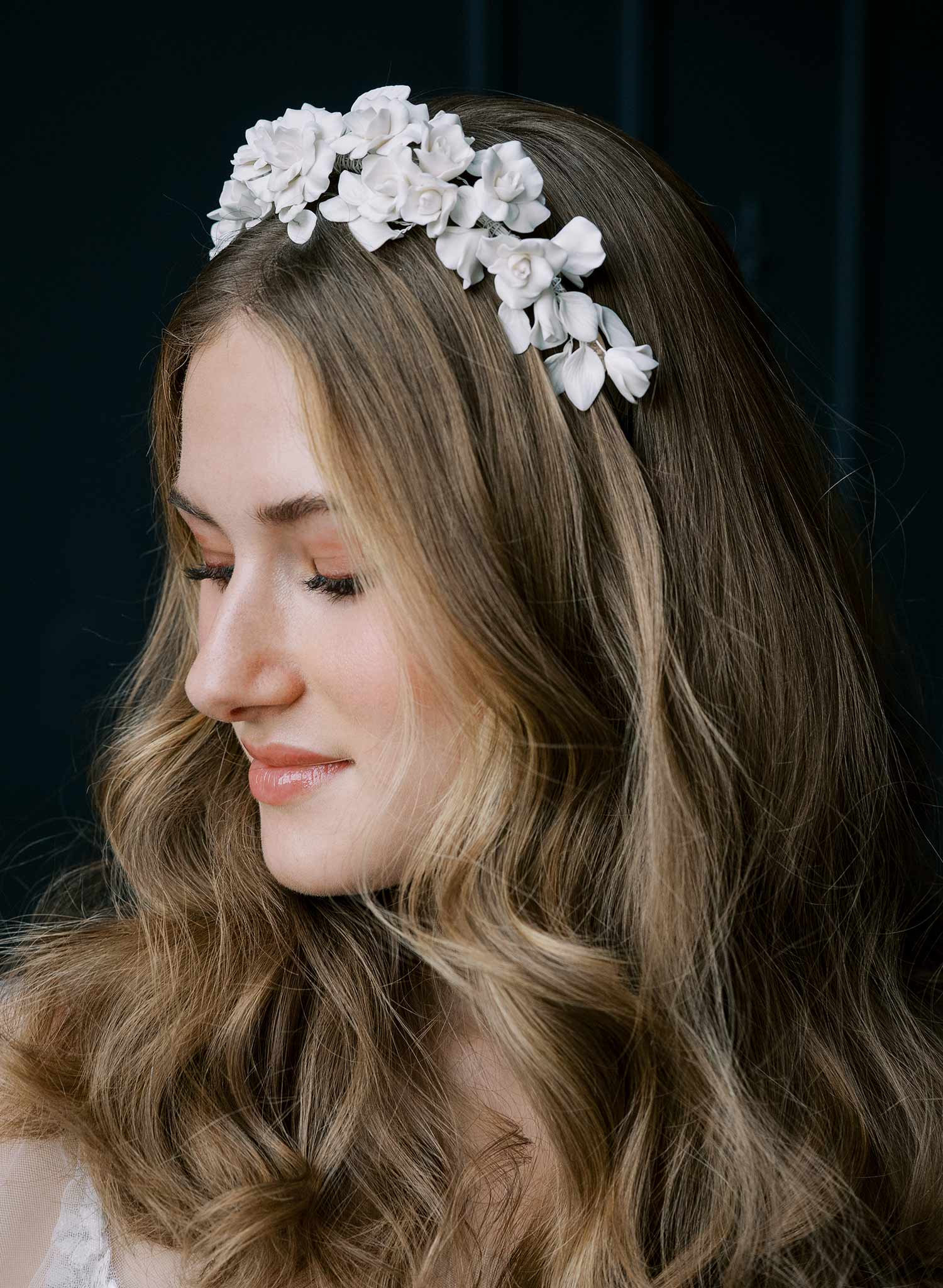 Clean white rosette clay flower bridal headband, crown, tiara. Handmade by Twigs and Honey