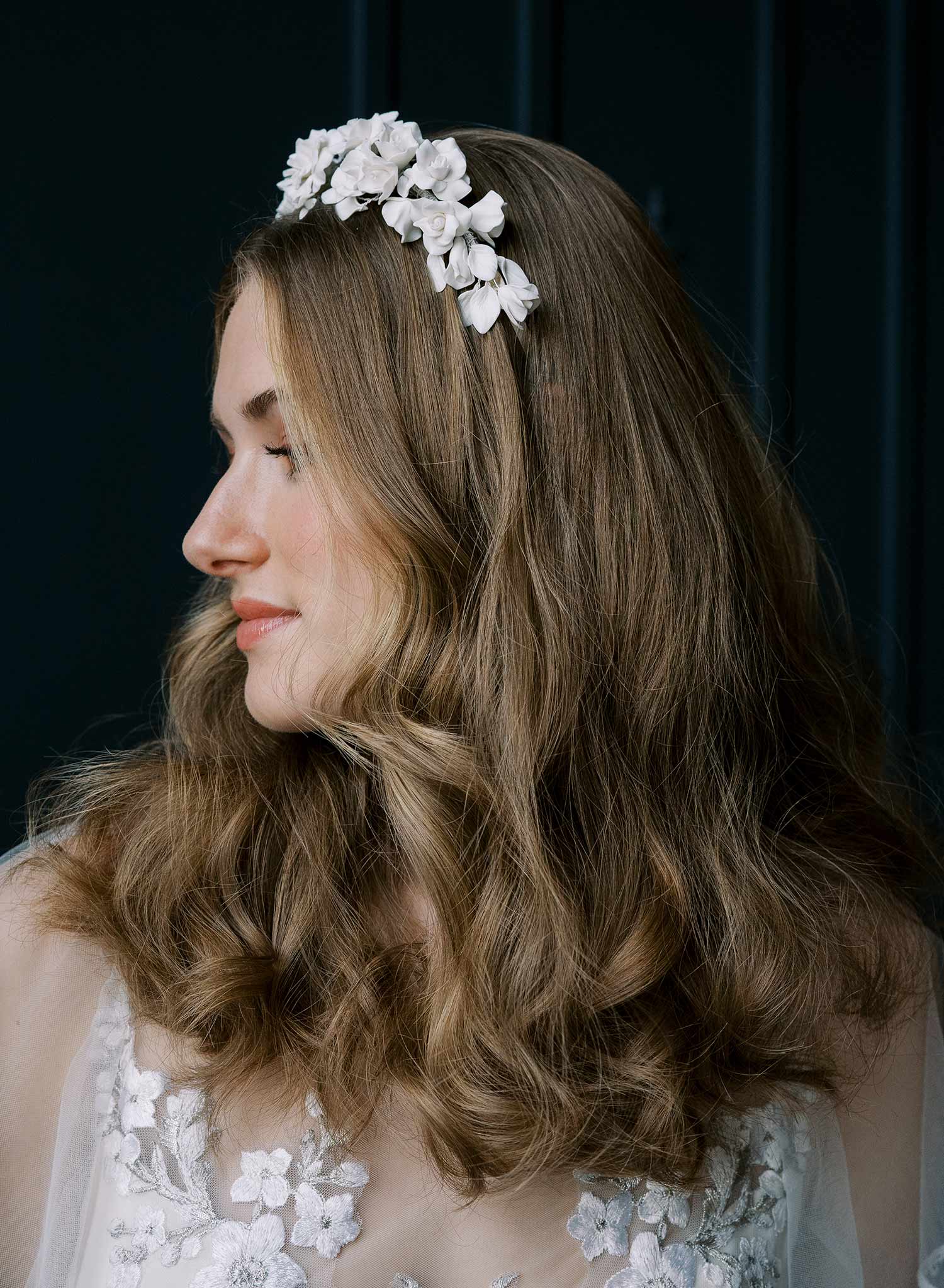 Clean white rosette clay flower bridal headband, crown, tiara. Handmade by Twigs and Honey