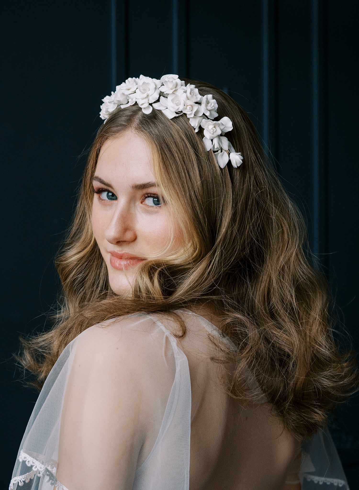 Clean white rosette clay flower bridal headband, crown, tiara. Handmade by Twigs and Honey