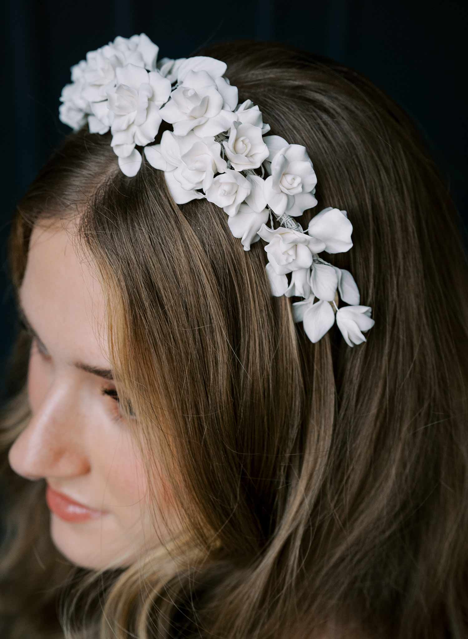 Clean white rosette clay flower bridal headband, crown, tiara. Handmade by Twigs and Honey