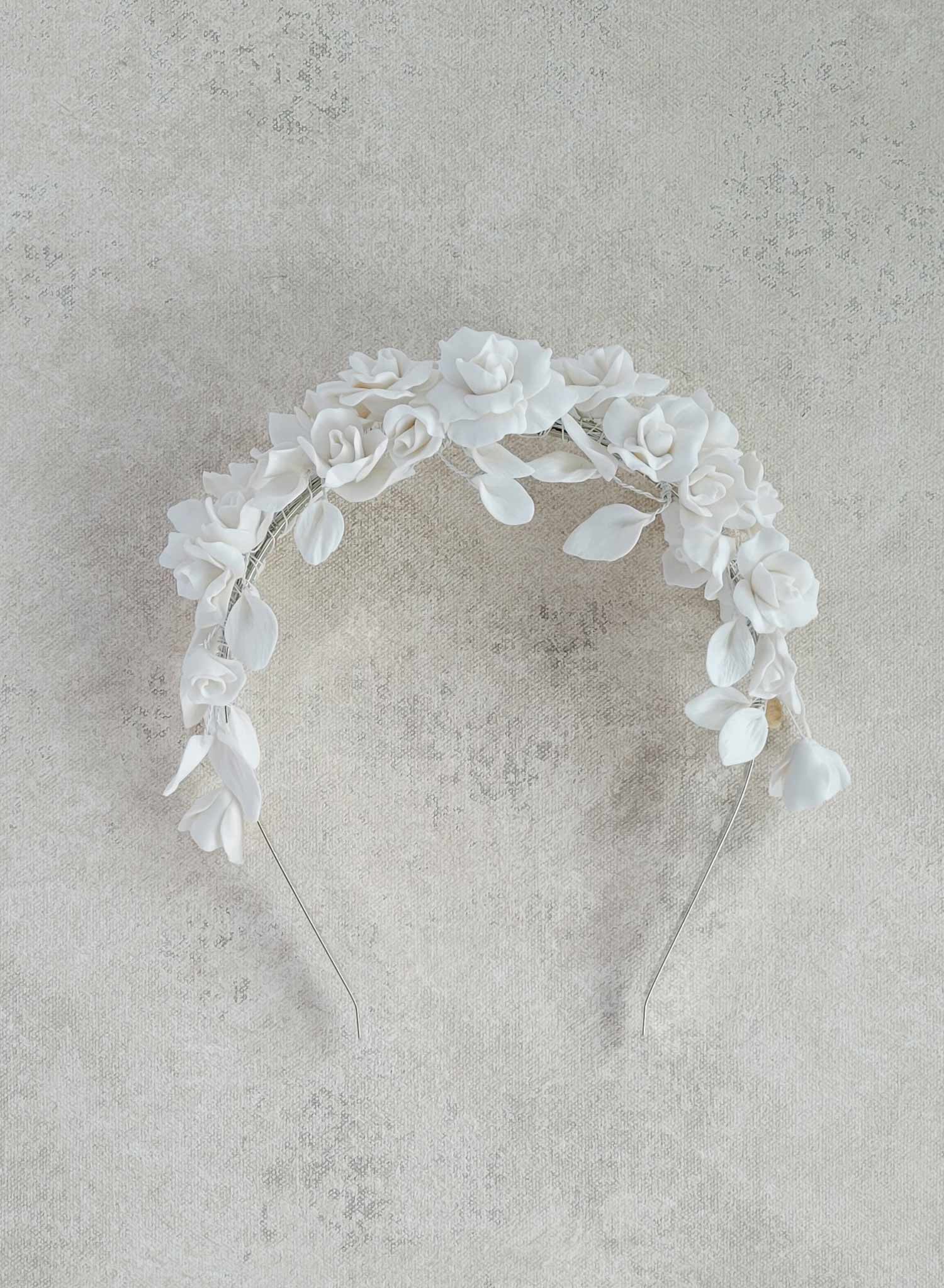 Clean white rosette clay flower bridal headband, crown, tiara. Handmade by Twigs and Honey