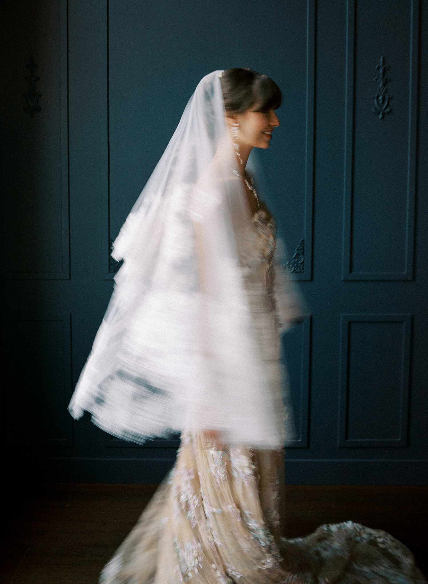 Modern, abstract alencon lace trimmed bridal veil with blusher by Twigs and Honey.
