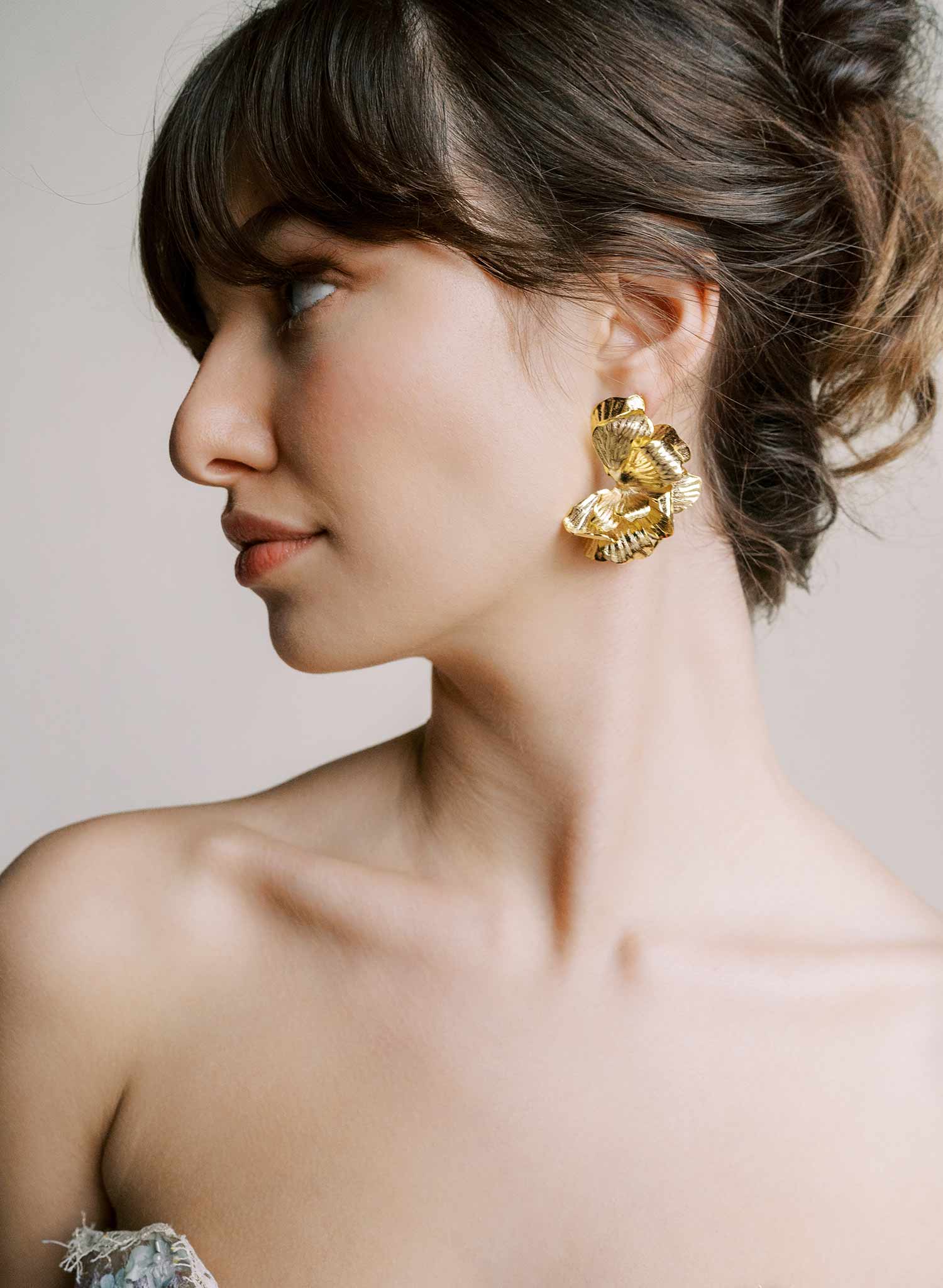 Abstract bent petal bridal earrings in gold. Post back. By Twigs and Honey