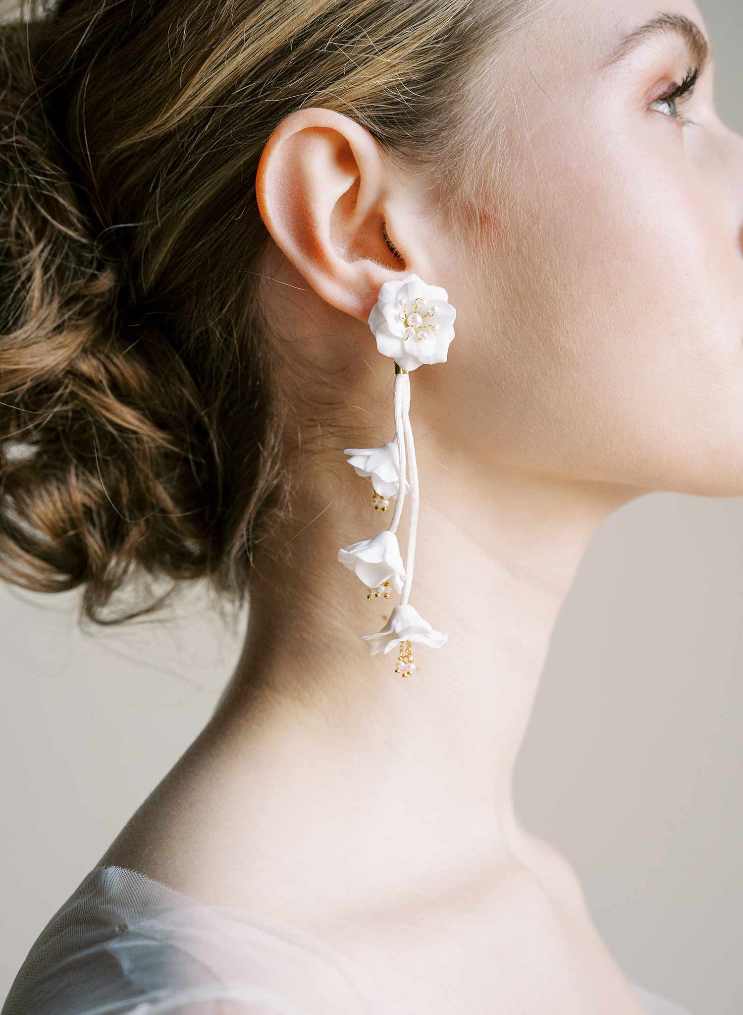 bridal earrings with hand sculpted flowers, white post back, by Twigs & Honey.
