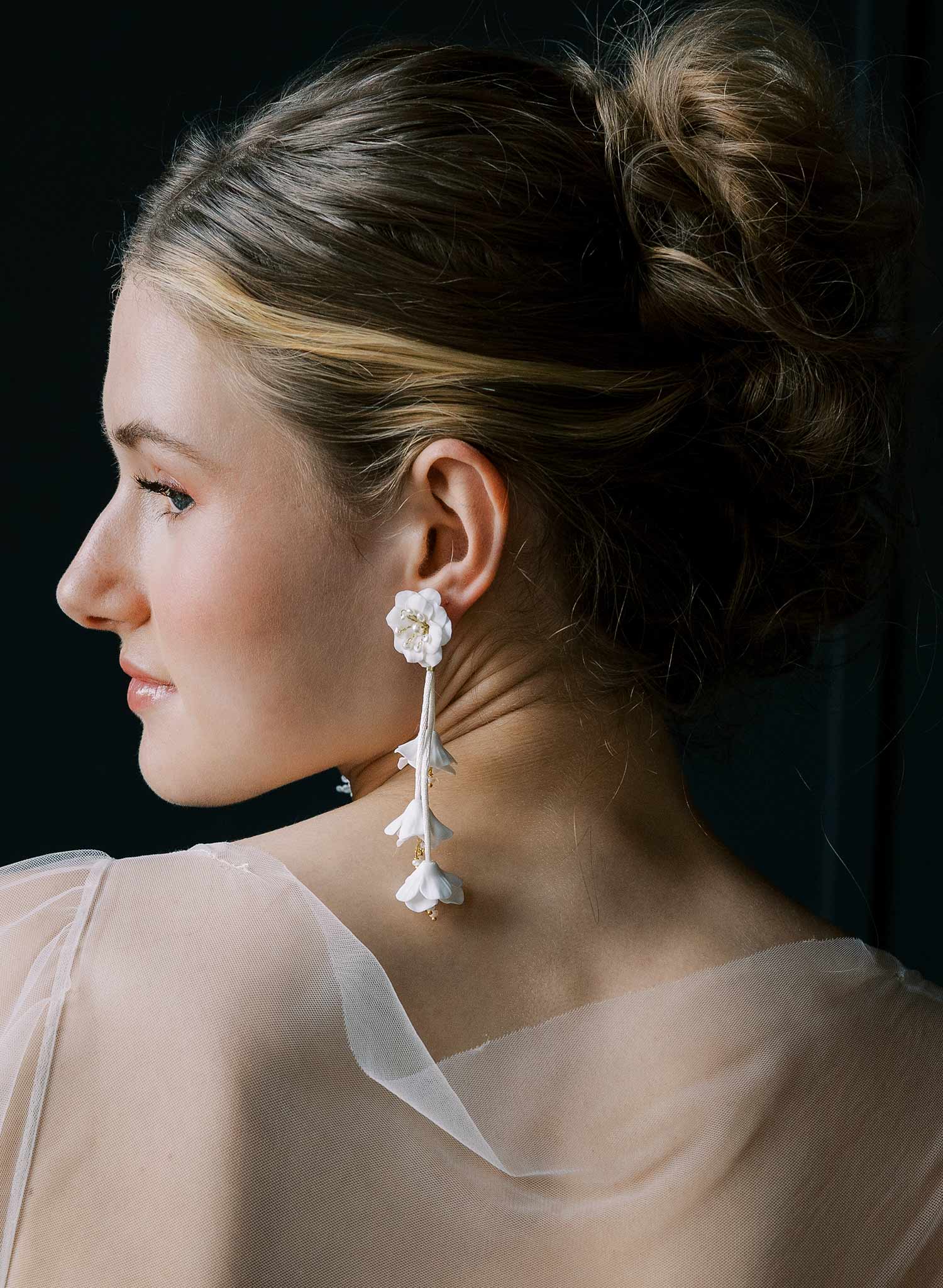 bridal earrings with hand sculpted flowers, white post back, by Twigs & Honey.