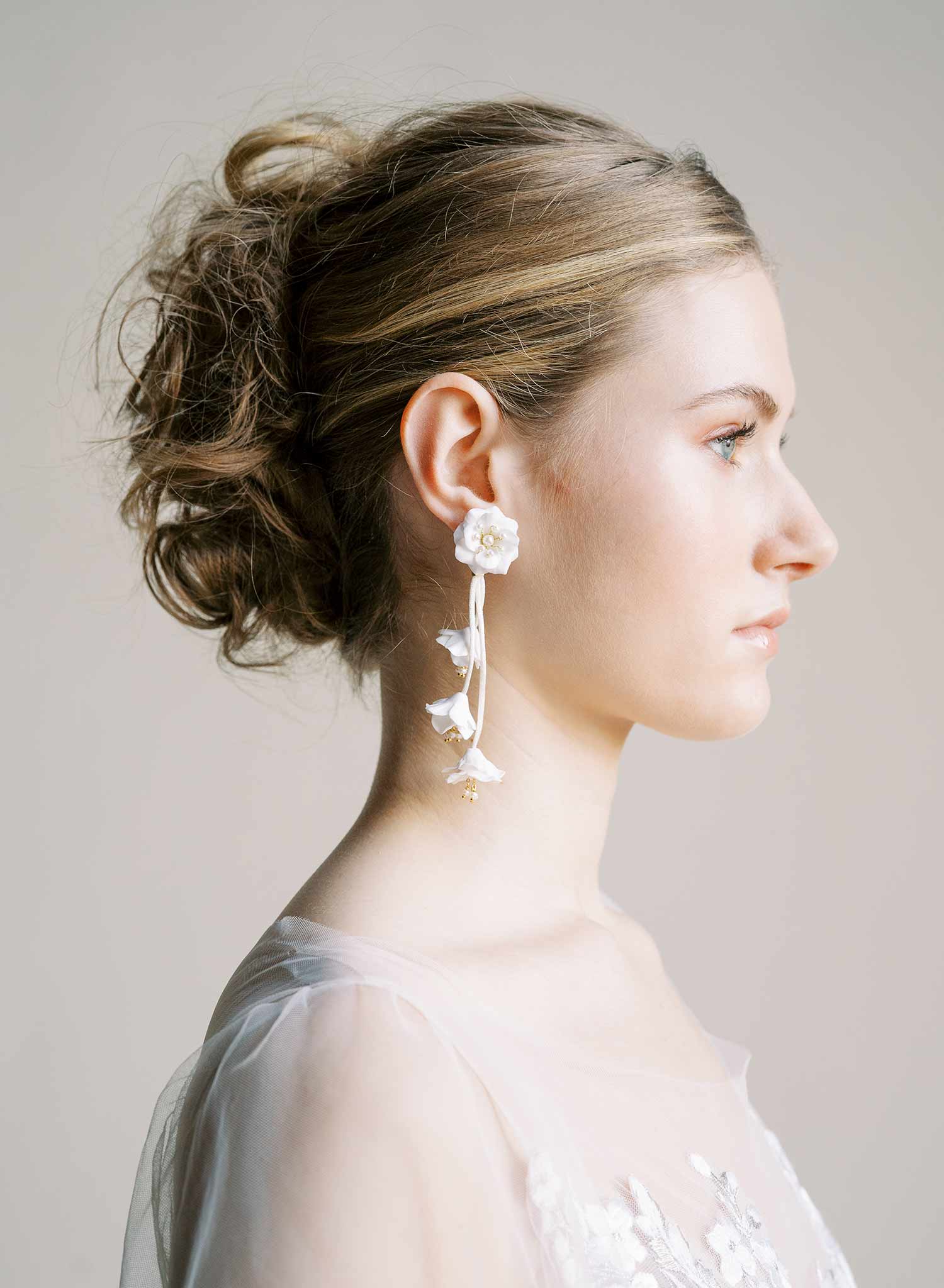 bridal earrings with hand sculpted flowers, white post back, by Twigs & Honey.
