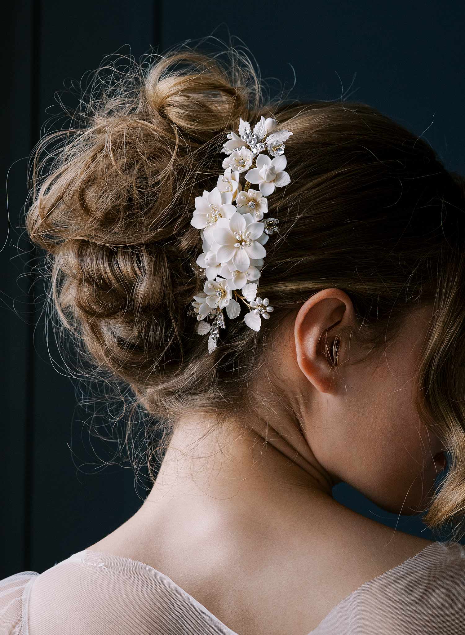 Intricate bridal hair comb with handmade clay flowers, freshwater pearls, Austrian crystals and leaves. By Twigs & Honey