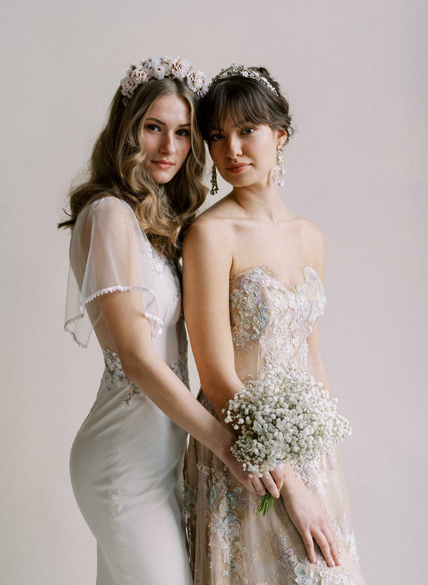 Hand sculpted blush bridal peony flowers on a tiara crown, headband. By Twigs and Honey