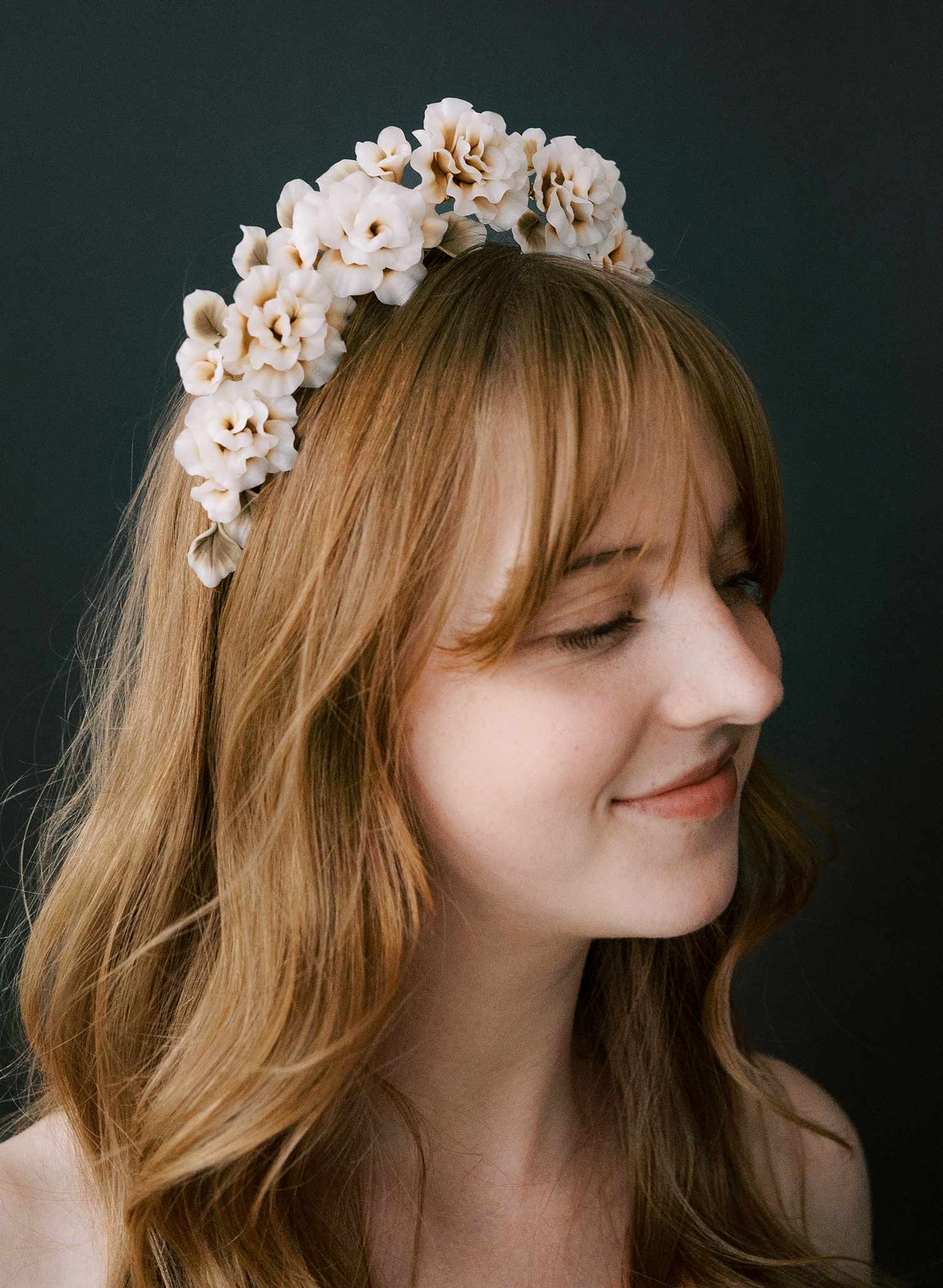 Hand sculpted blush bridal peony flowers on a tiara crown, headband. By Twigs and Honey