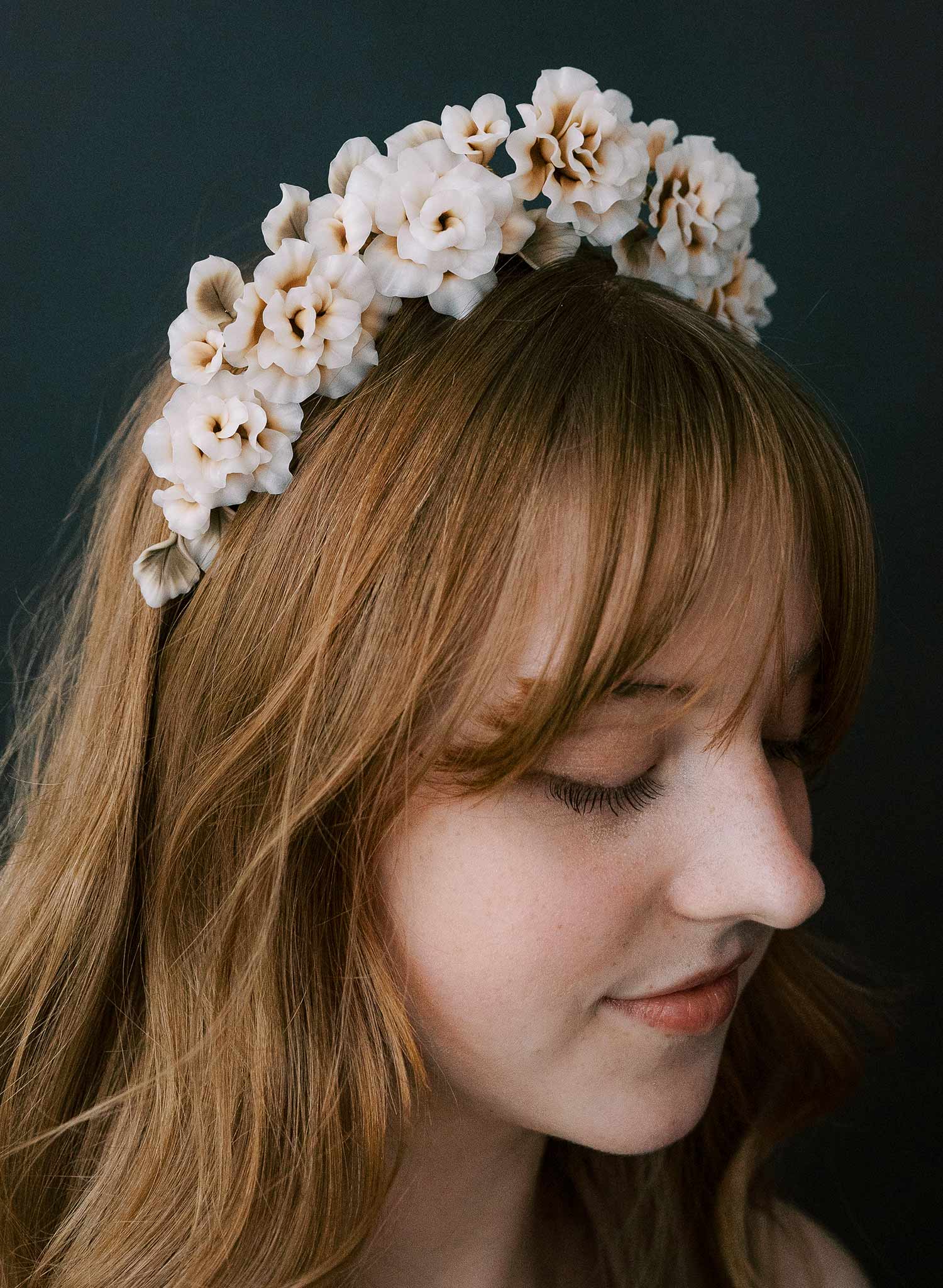 Hand sculpted blush bridal peony flowers on a tiara crown, headband. By Twigs and Honey