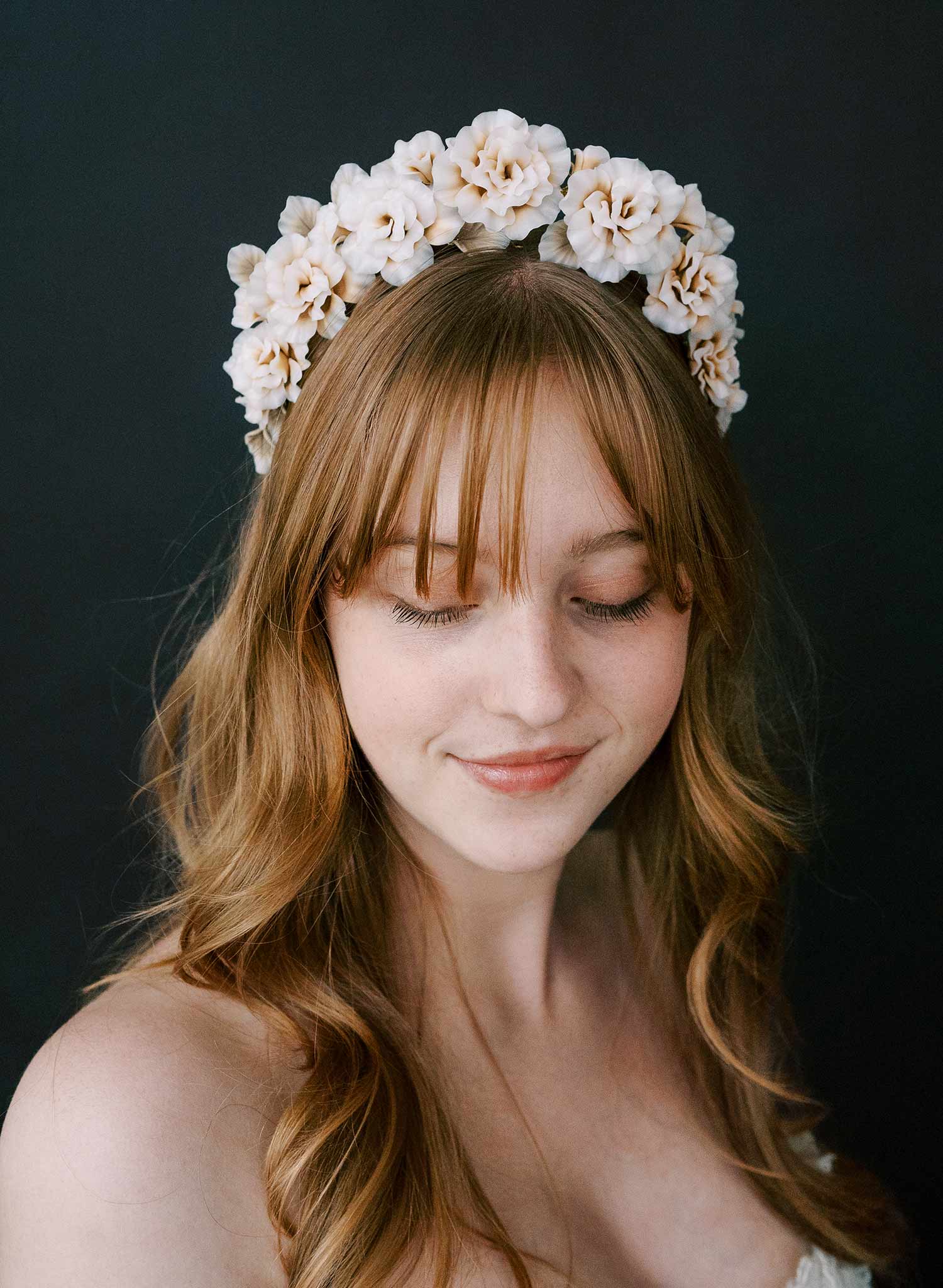 Hand sculpted blush bridal peony flowers on a tiara crown, headband. By Twigs and Honey