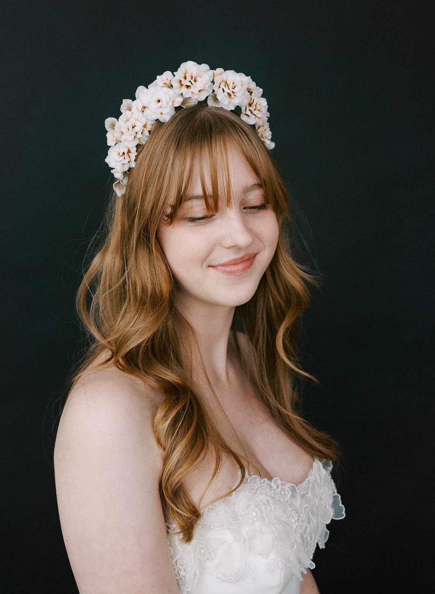 Hand sculpted blush bridal peony flowers on a tiara crown, headband. By Twigs and Honey