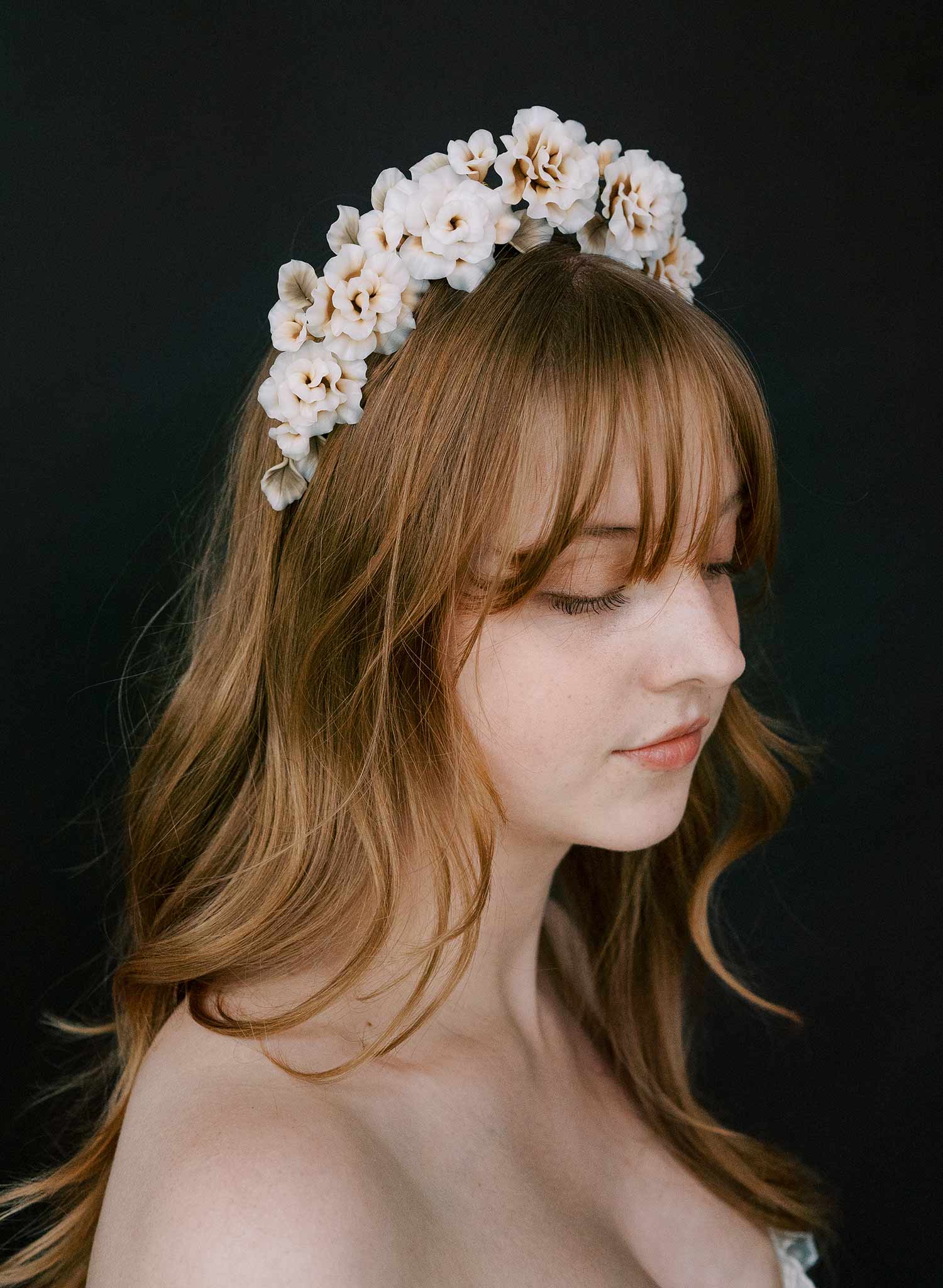 Hand sculpted blush bridal peony flowers on a tiara crown, headband. By Twigs and Honey