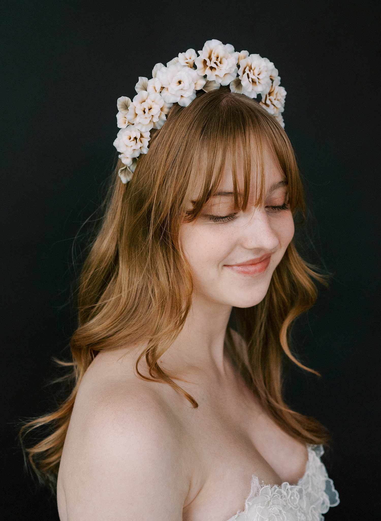Hand sculpted blush bridal peony flowers on a tiara crown, headband. By Twigs and Honey