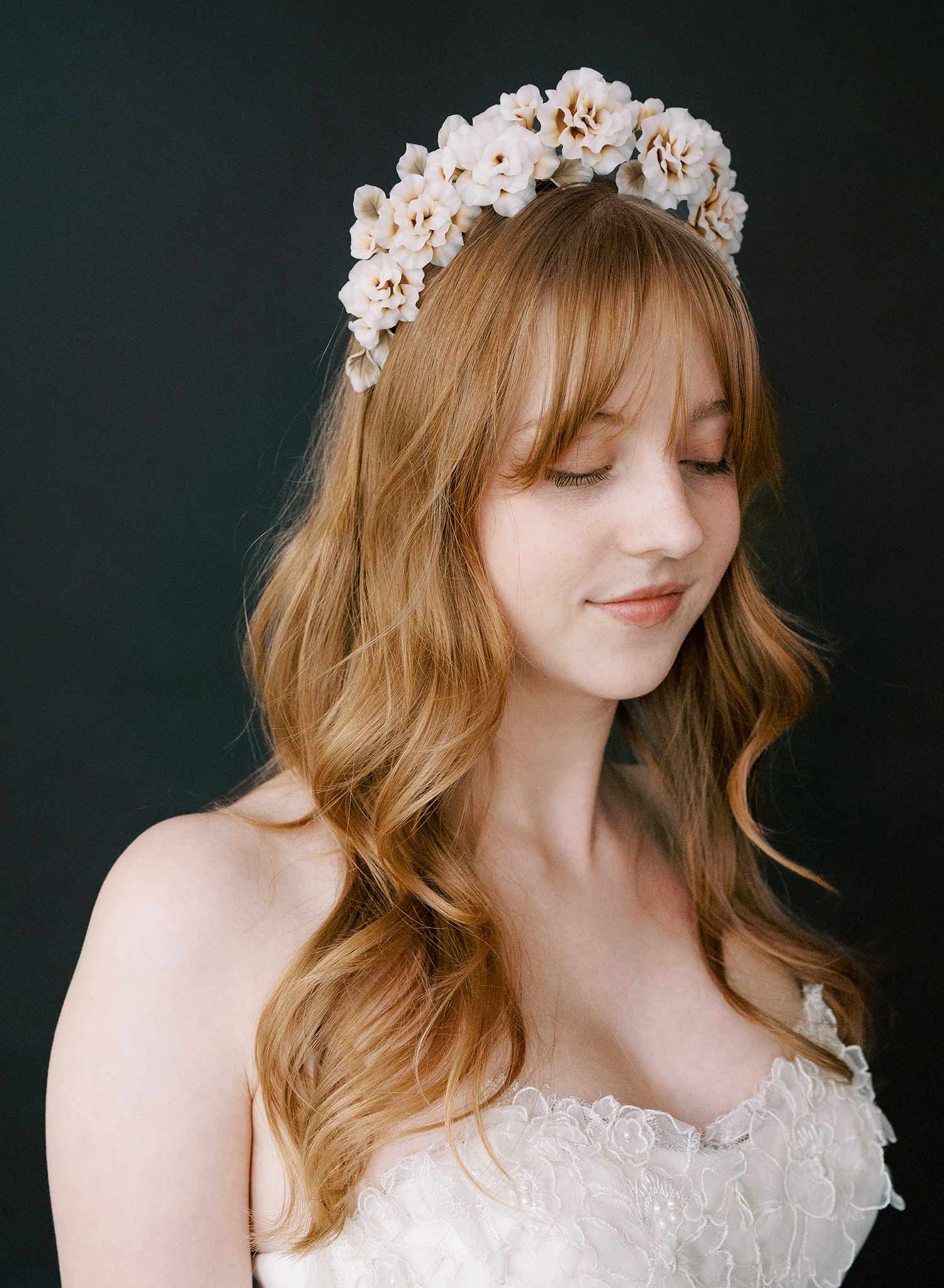 Hand sculpted blush bridal peony flowers on a tiara crown, headband. By Twigs and Honey