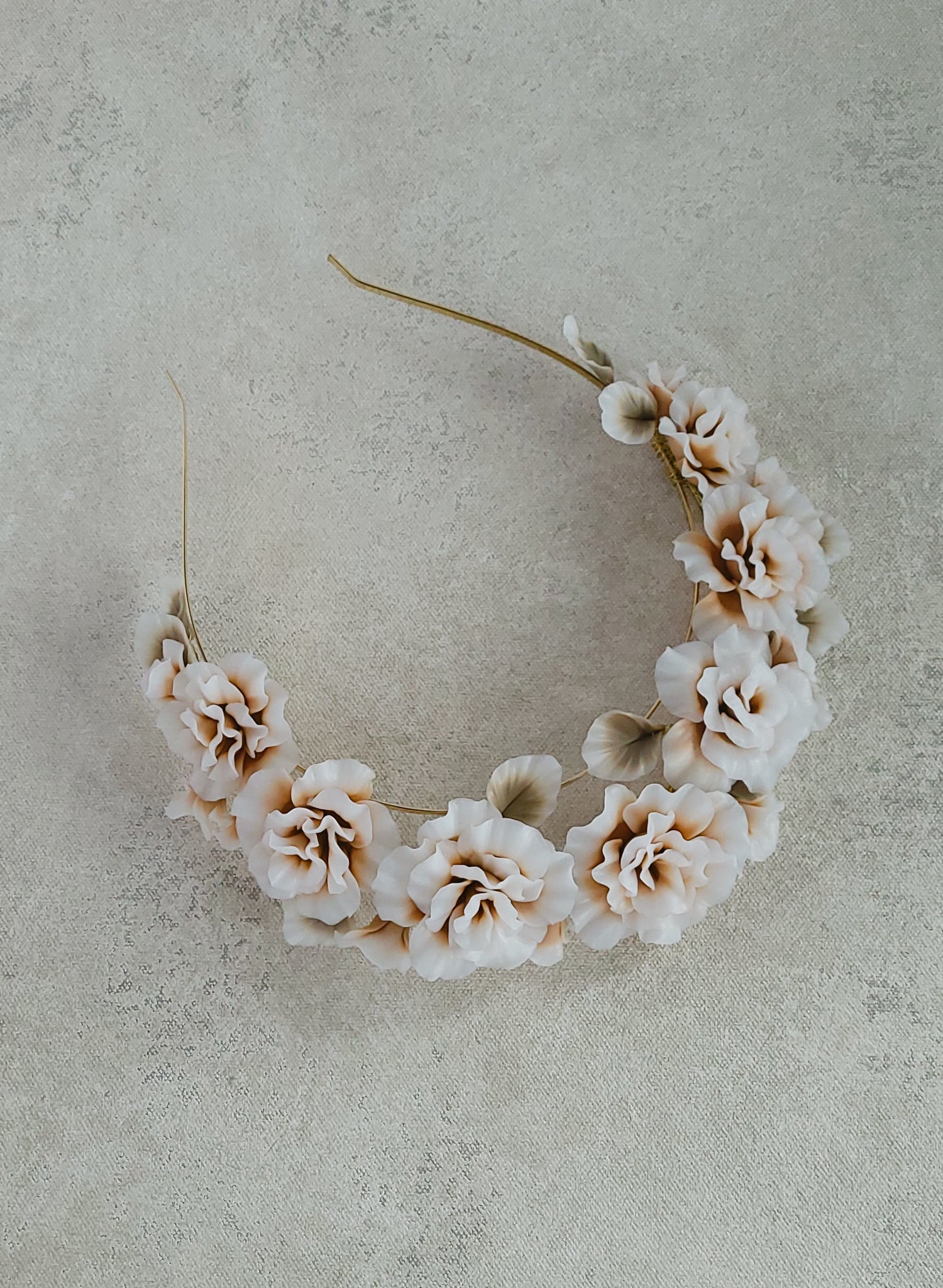 Hand sculpted blush bridal peony flowers on a tiara crown, headband. By Twigs and Honey