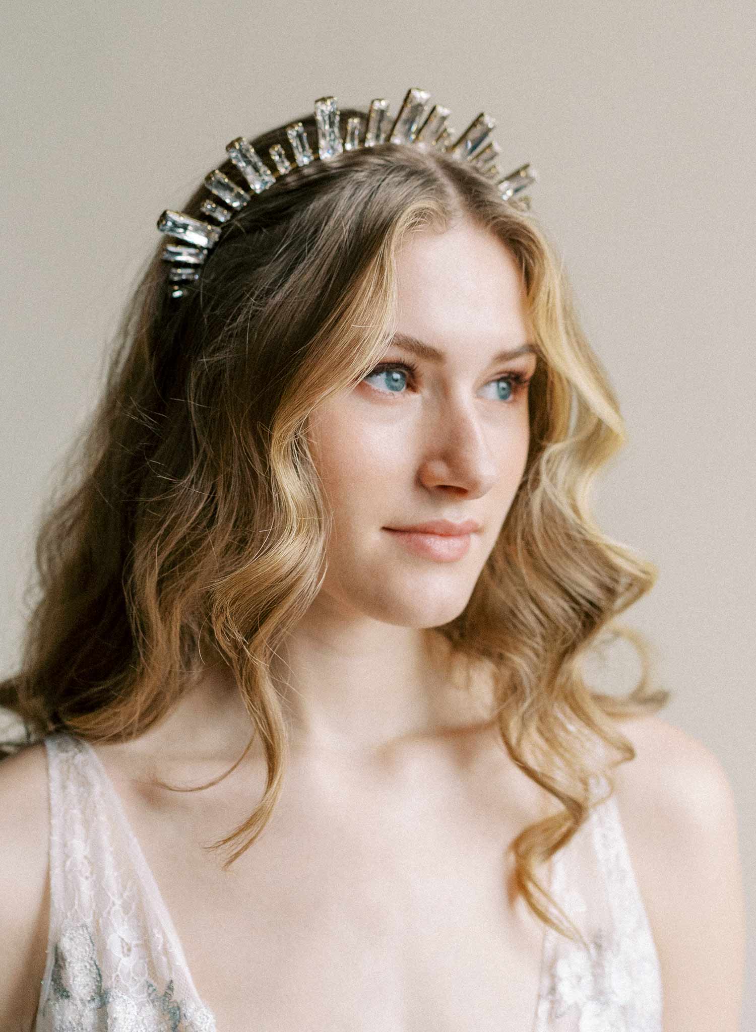 Baguette princess cut Austrian crystal bridal tiara, crown by Twigs and Honey.