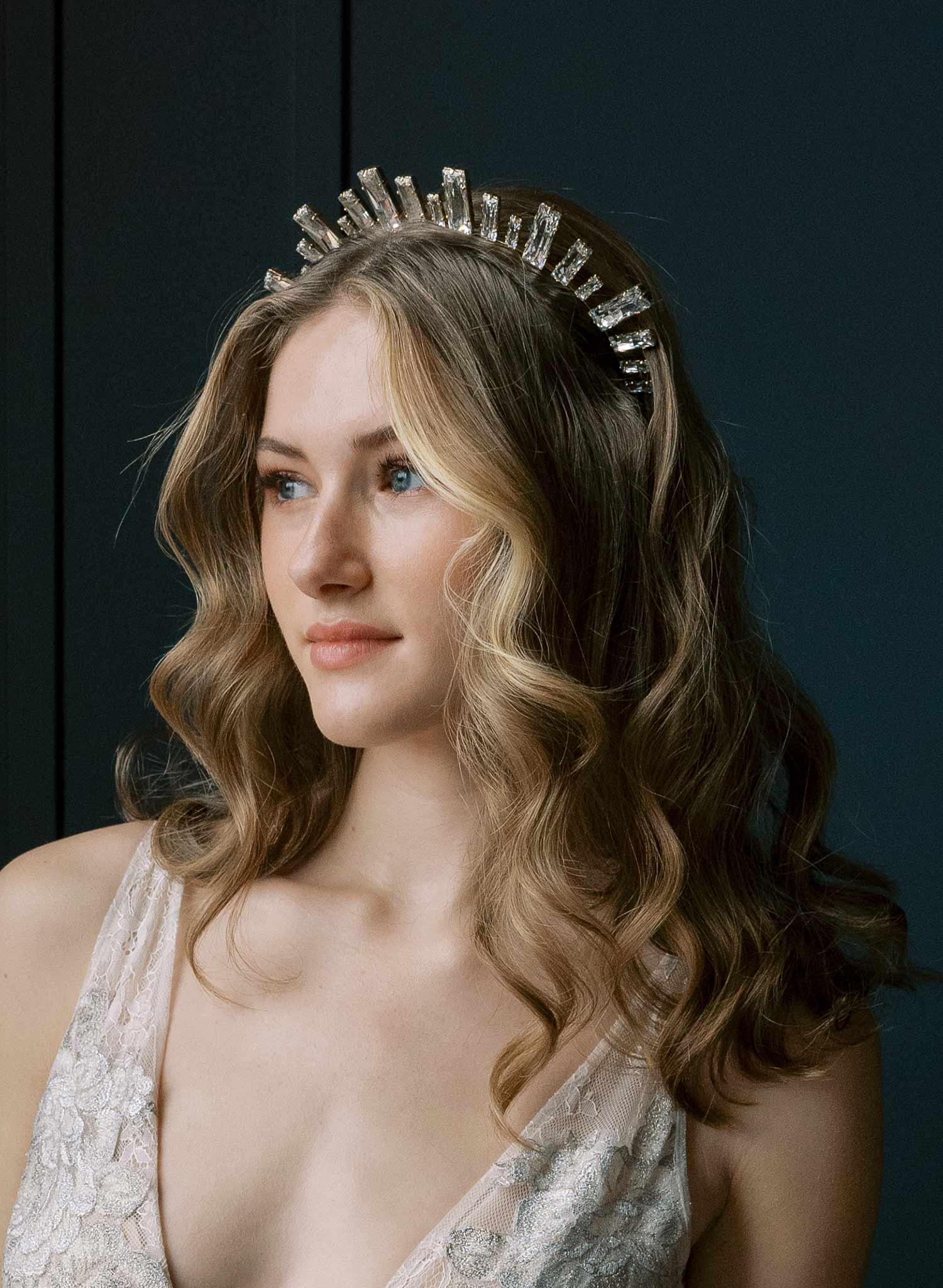 Baguette princess cut Austrian crystal bridal tiara, crown by Twigs and Honey.