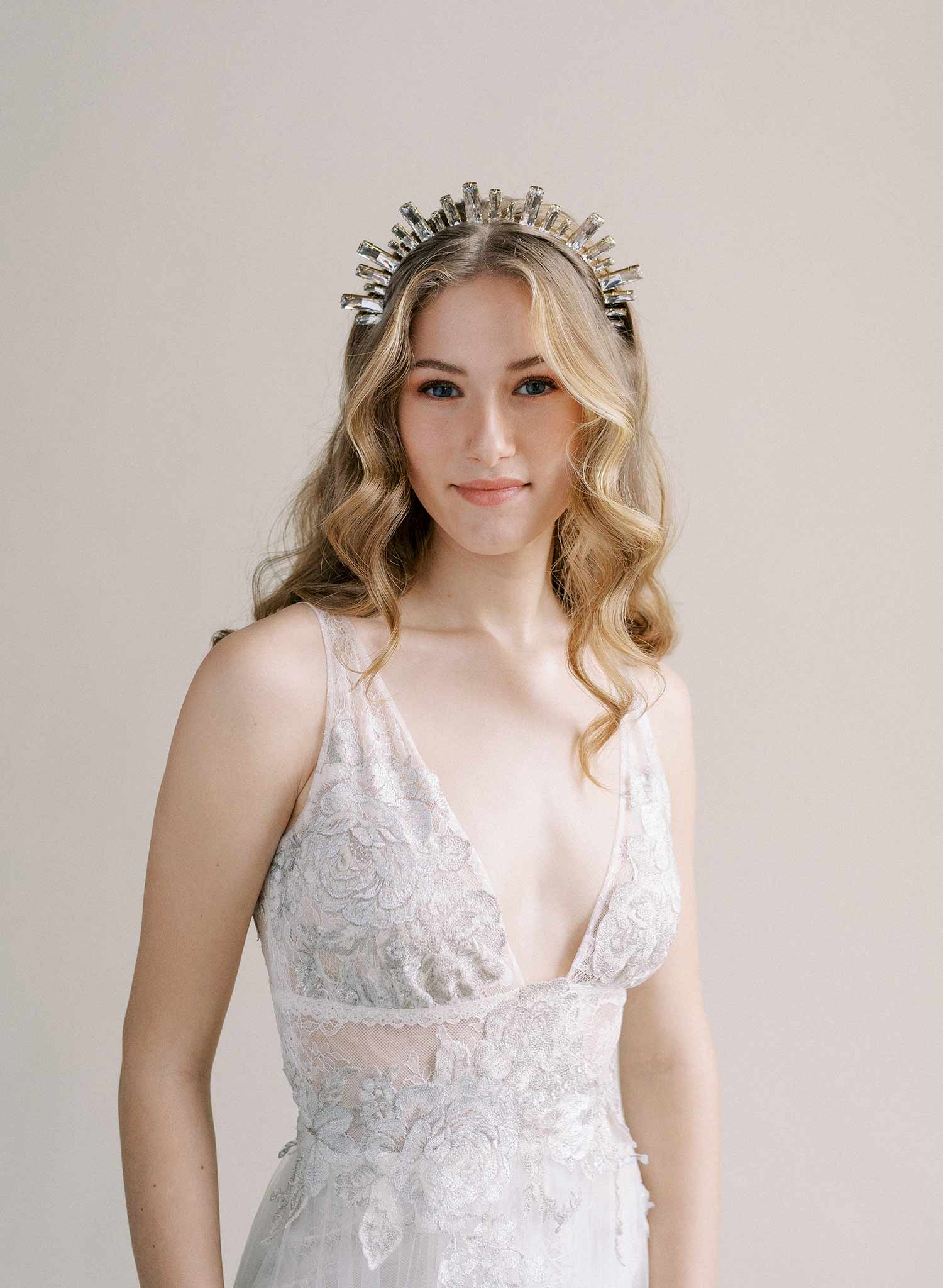 Baguette princess cut Austrian crystal bridal tiara, crown by Twigs and Honey.