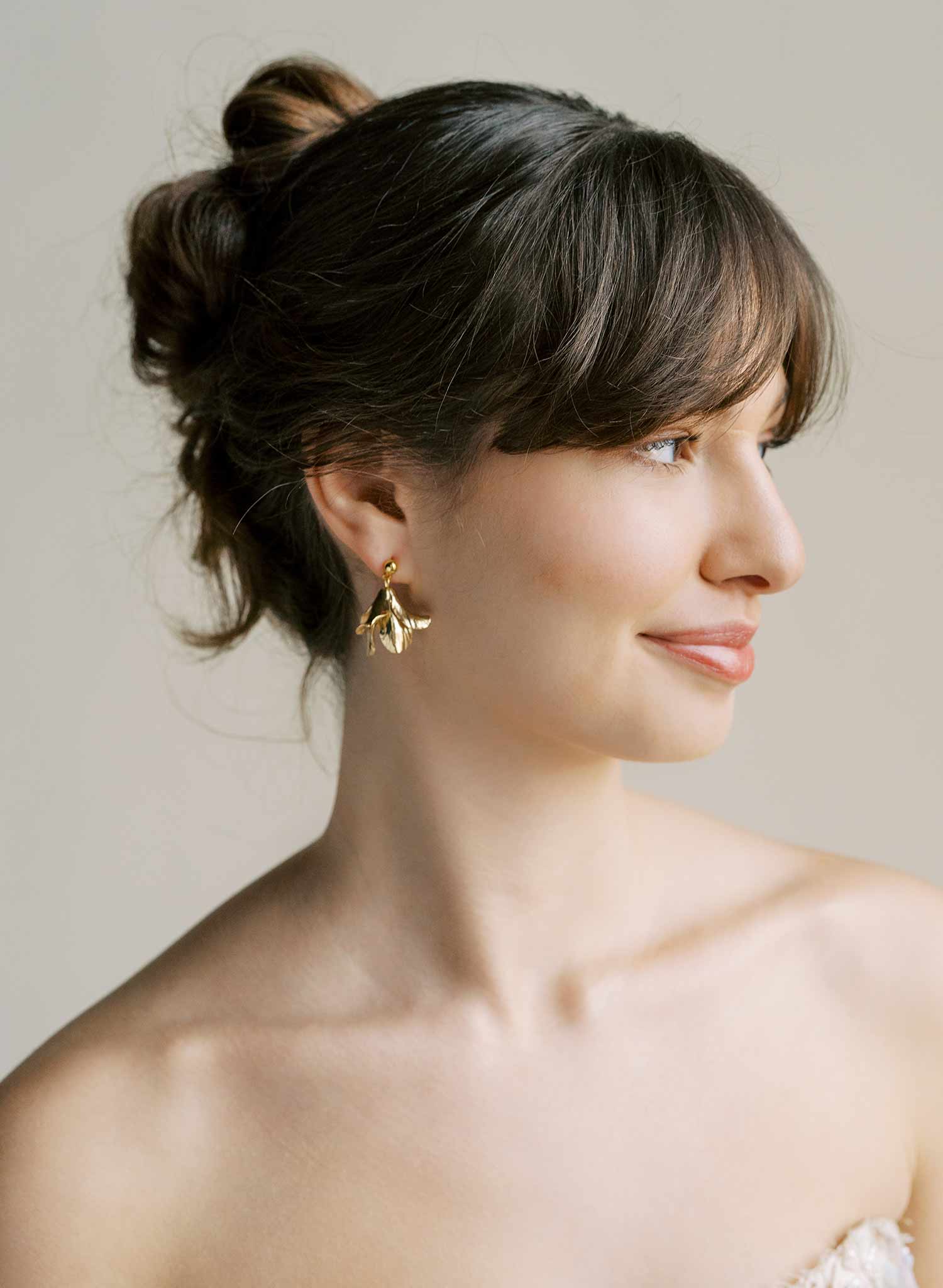 Hand sculpted bridal brass drop earrings, gold, by Twigs and Honey