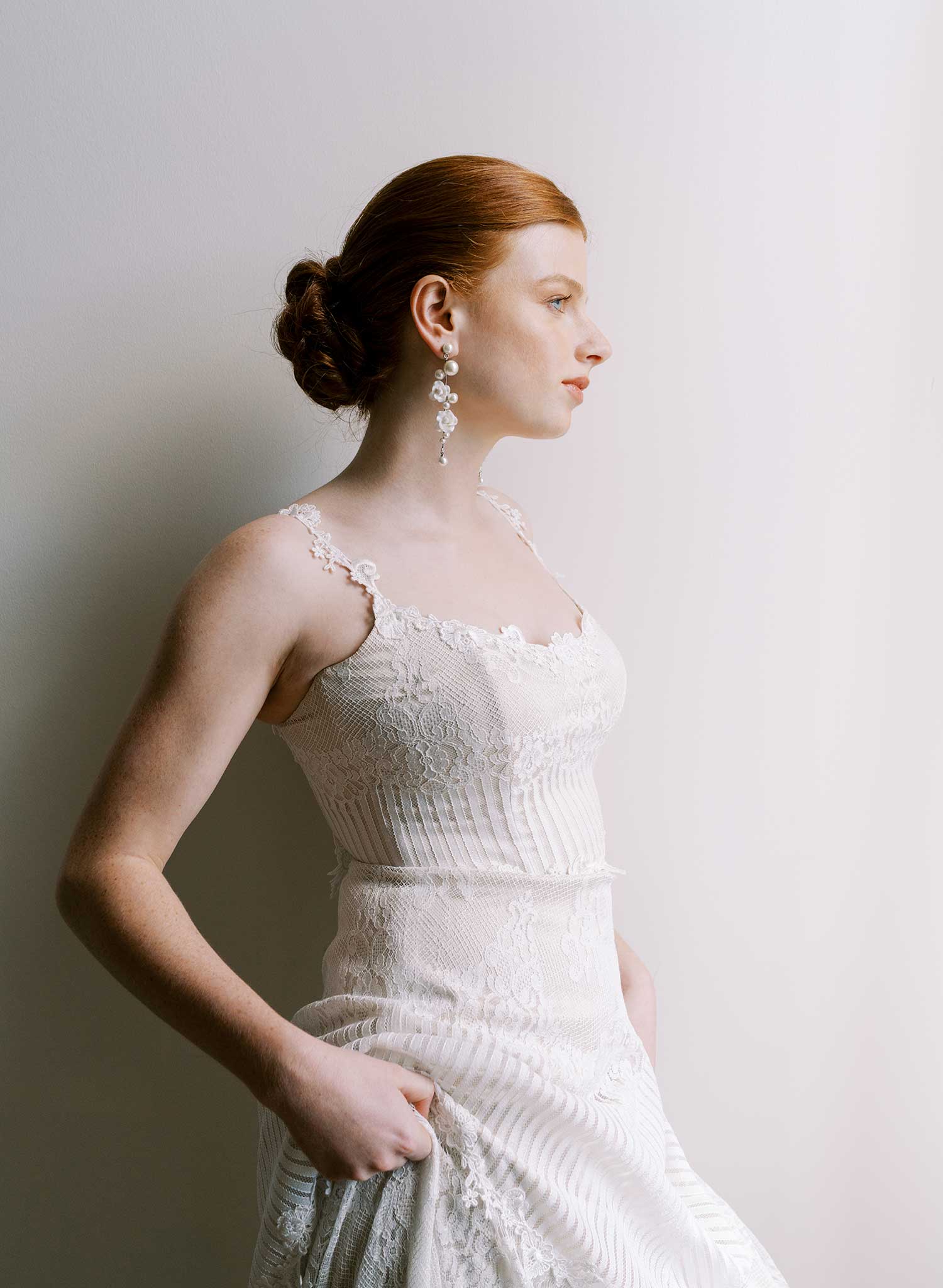 Sculped rose and pearl linear earrings - Style #2605