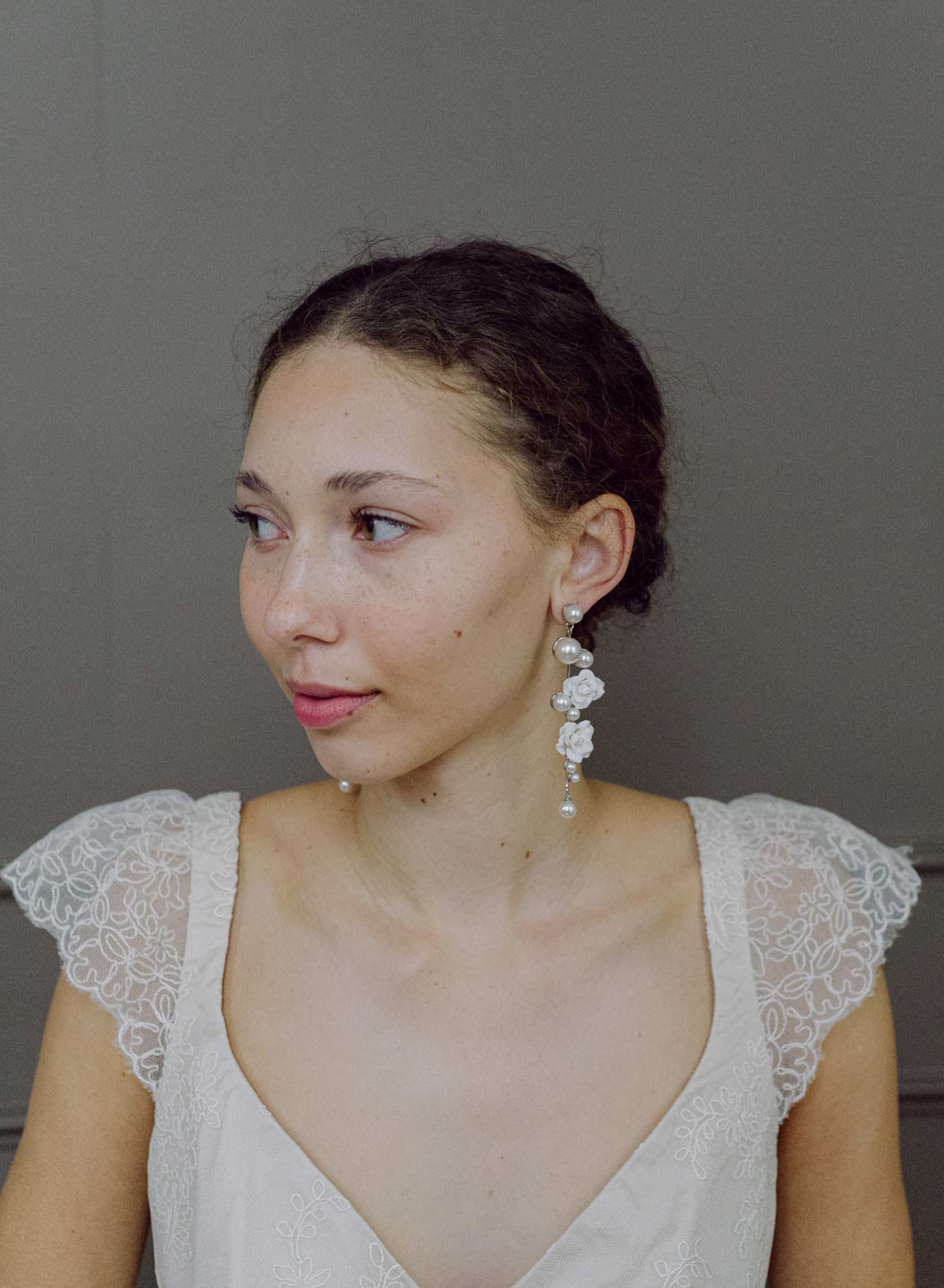 Sculped rose and pearl linear earrings - Style #2605