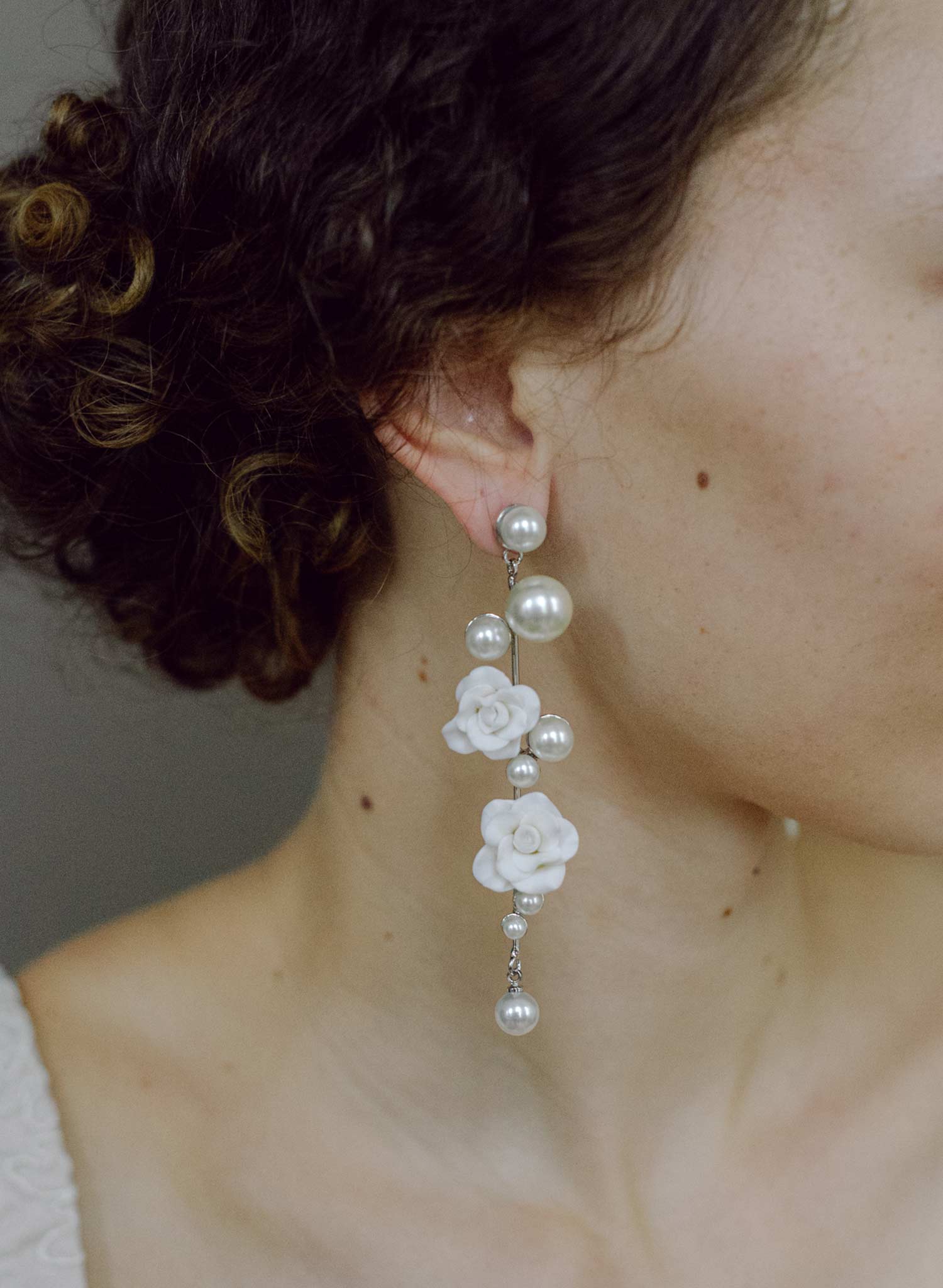 Sculped rose and pearl linear earrings - Style #2605