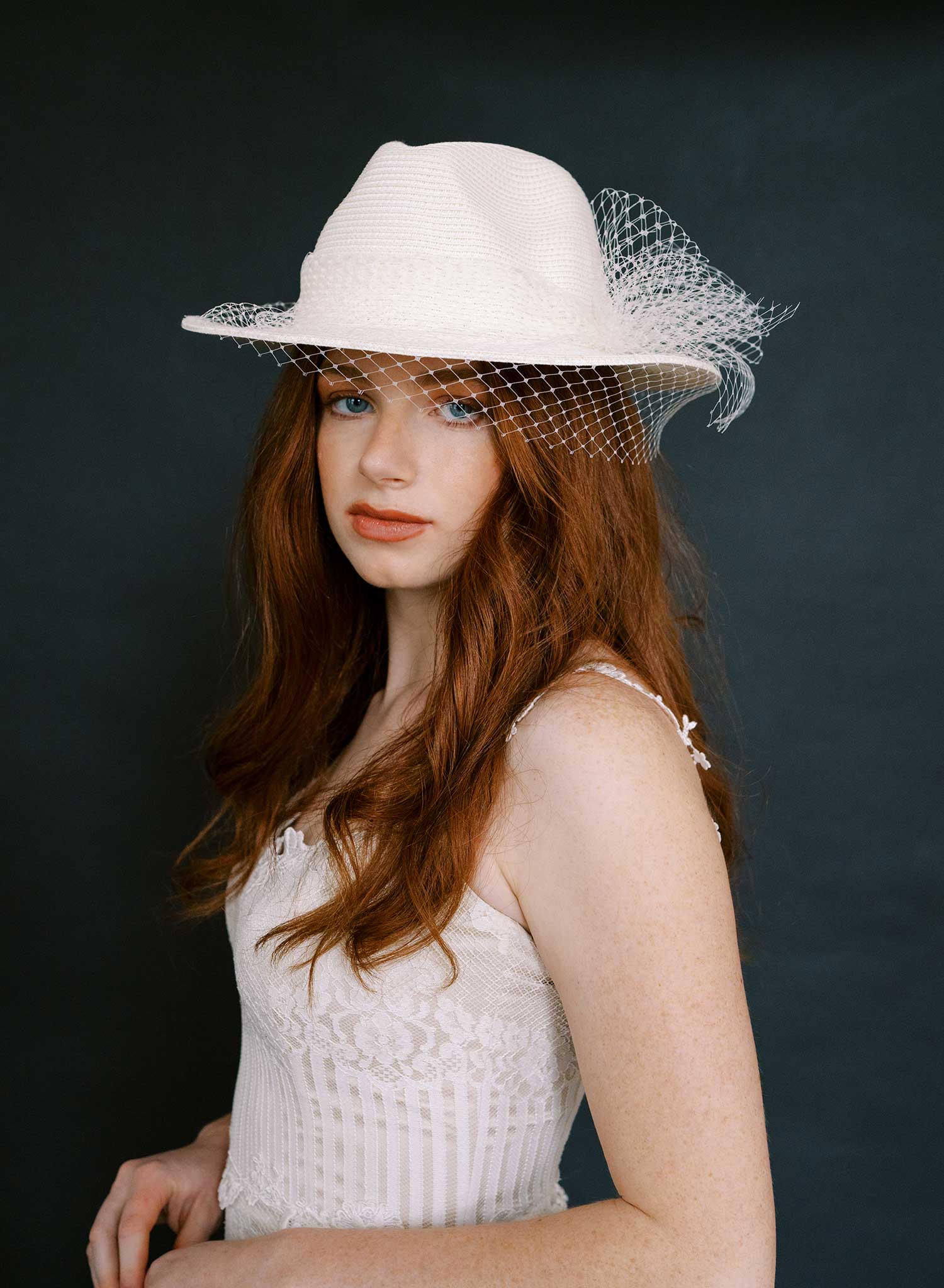 Straw fedora with birdcage veil - Style #2631