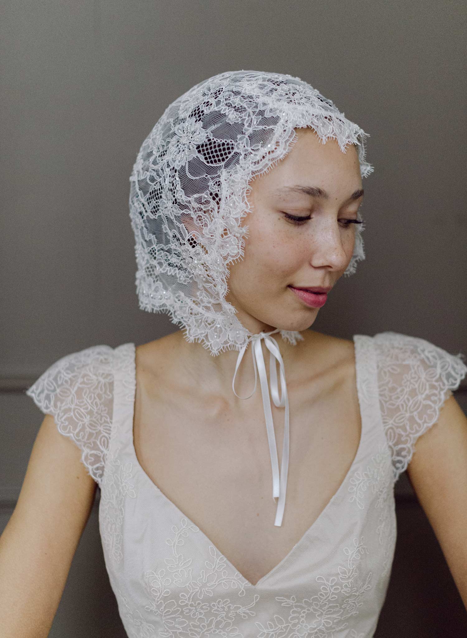 Bridal lace bonnet with silk ties - Style #2632