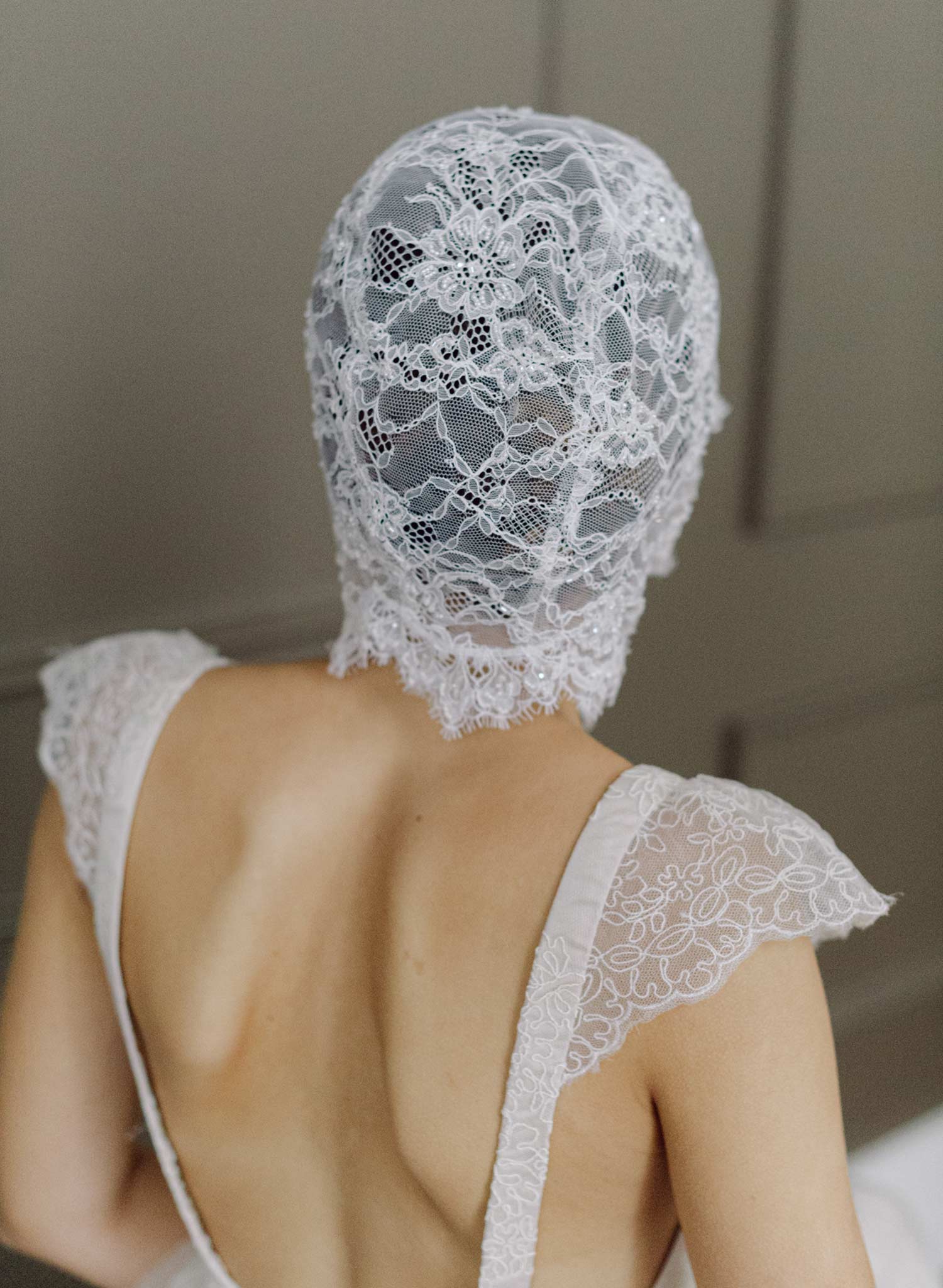 Bridal lace bonnet with silk ties - Style #2632
