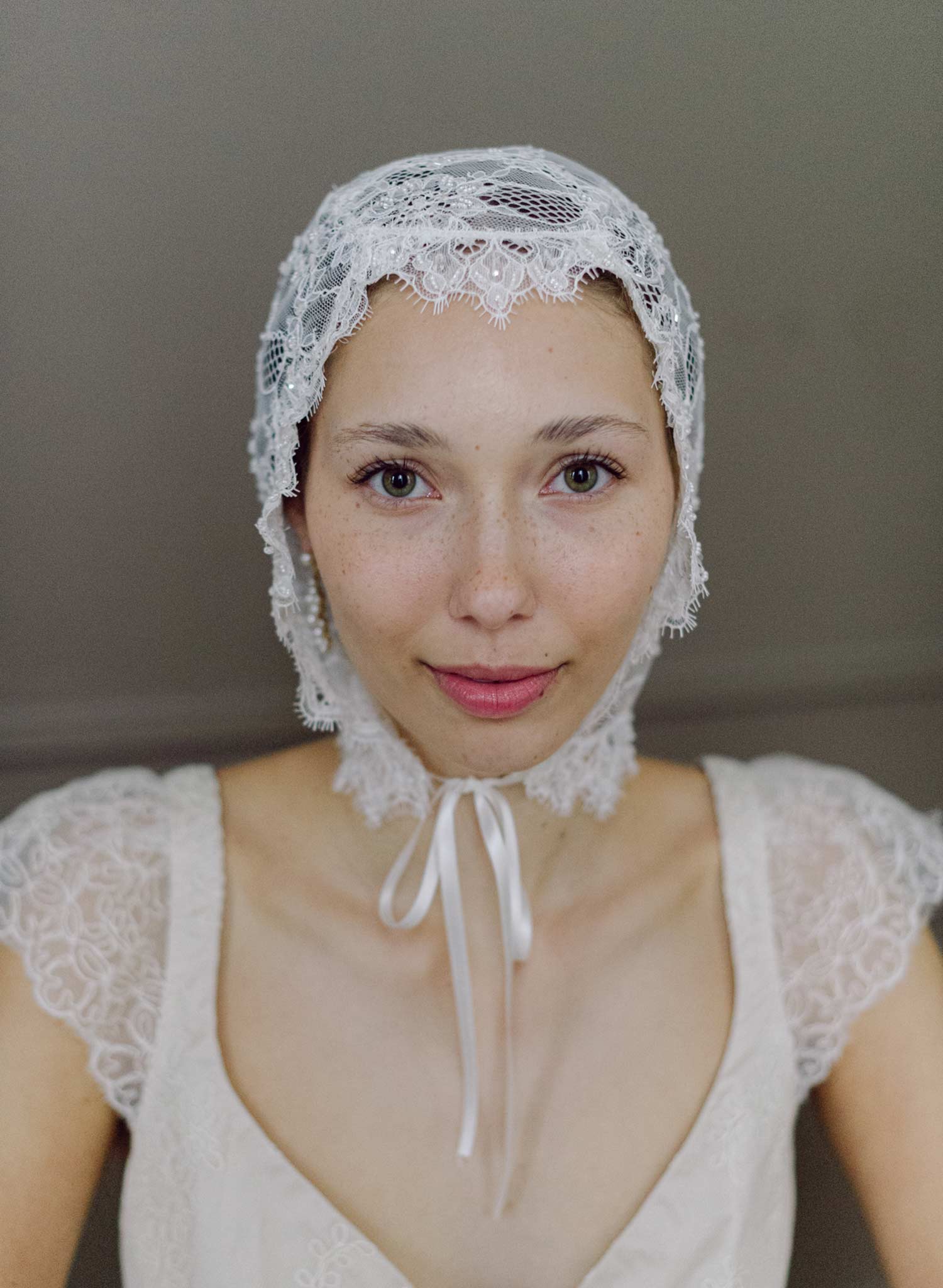 Bridal lace bonnet with silk ties - Style #2632