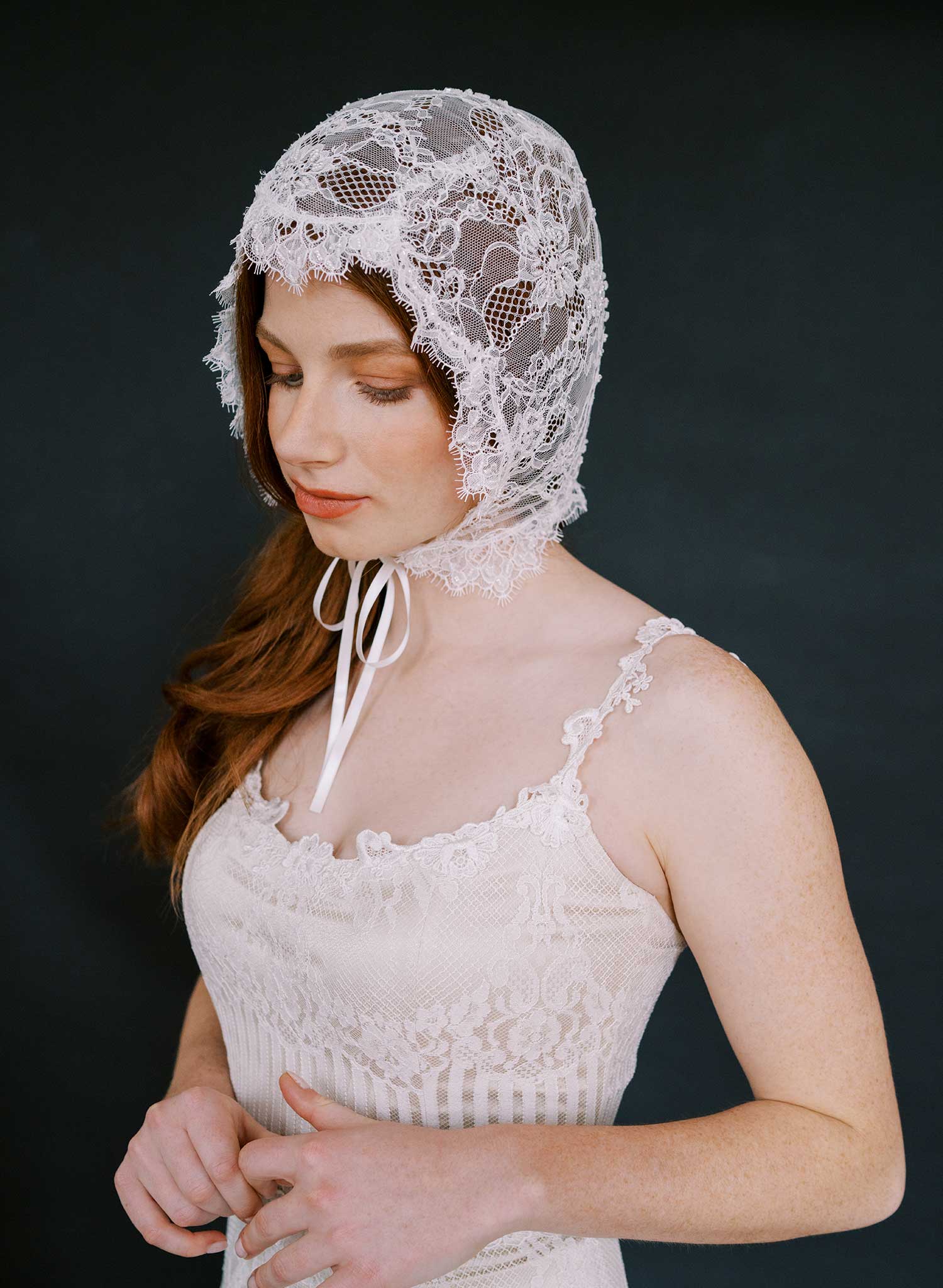 Bridal lace bonnet with silk ties - Style #2632