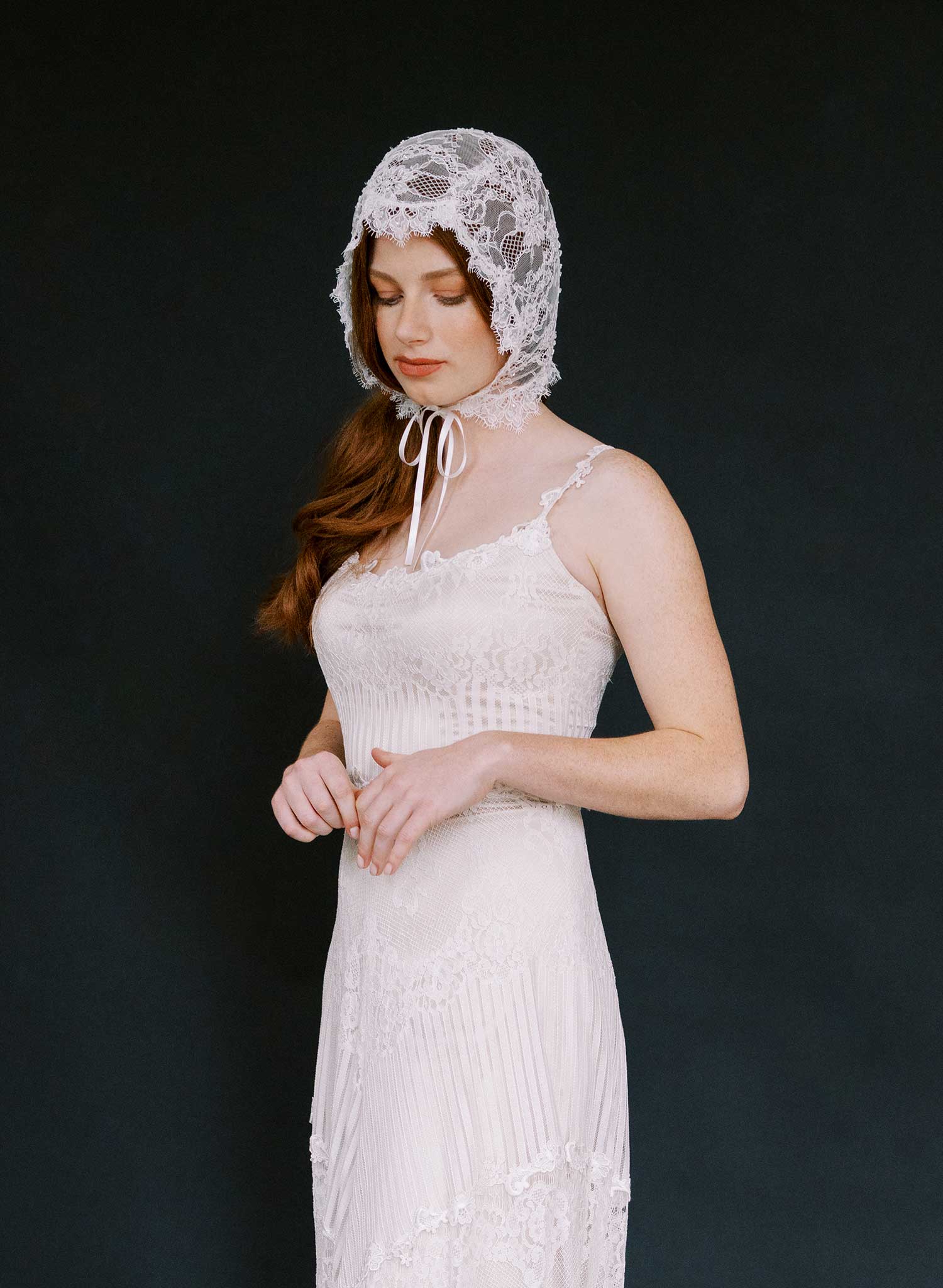 Bridal lace bonnet with silk ties - Style #2632