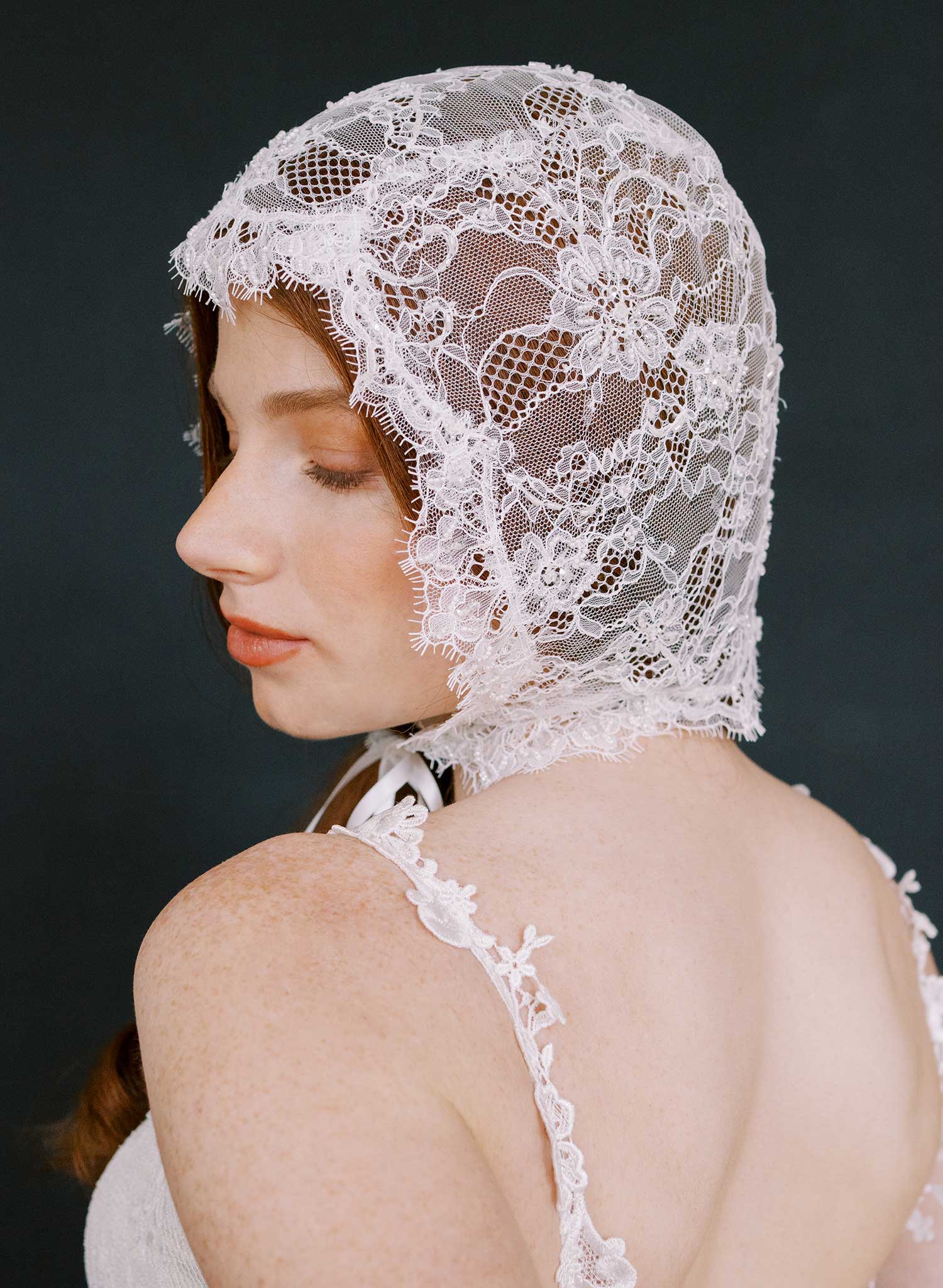 Bridal lace bonnet with silk ties - Style #2632