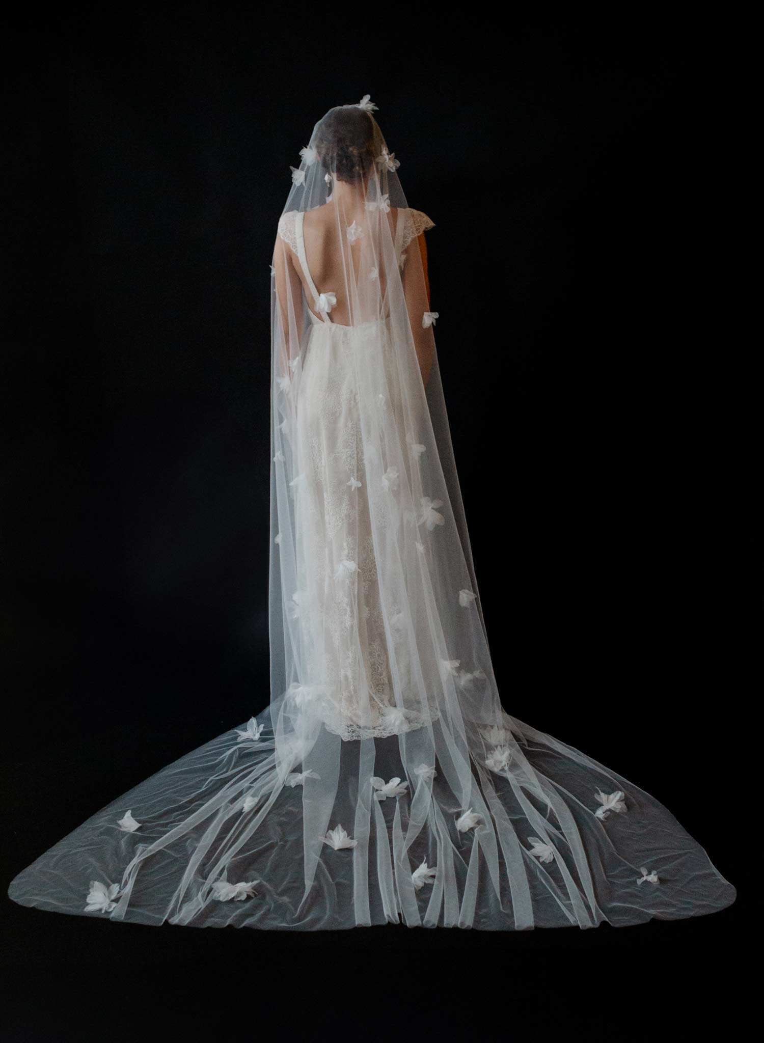 Wispy silk blossoms wide bridal mantilla veil - Style #2634