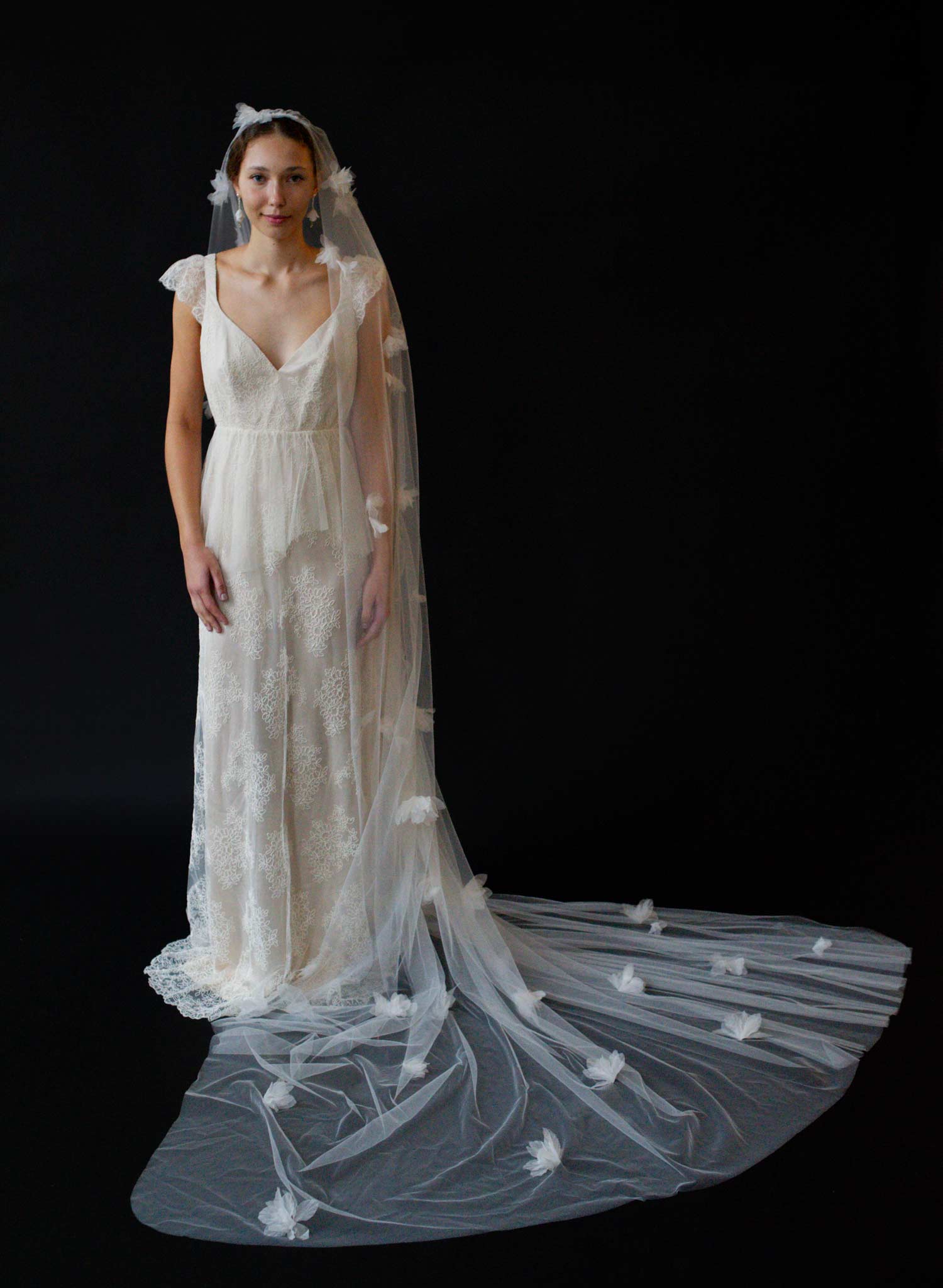 Wispy silk blossoms wide bridal mantilla veil - Style #2634