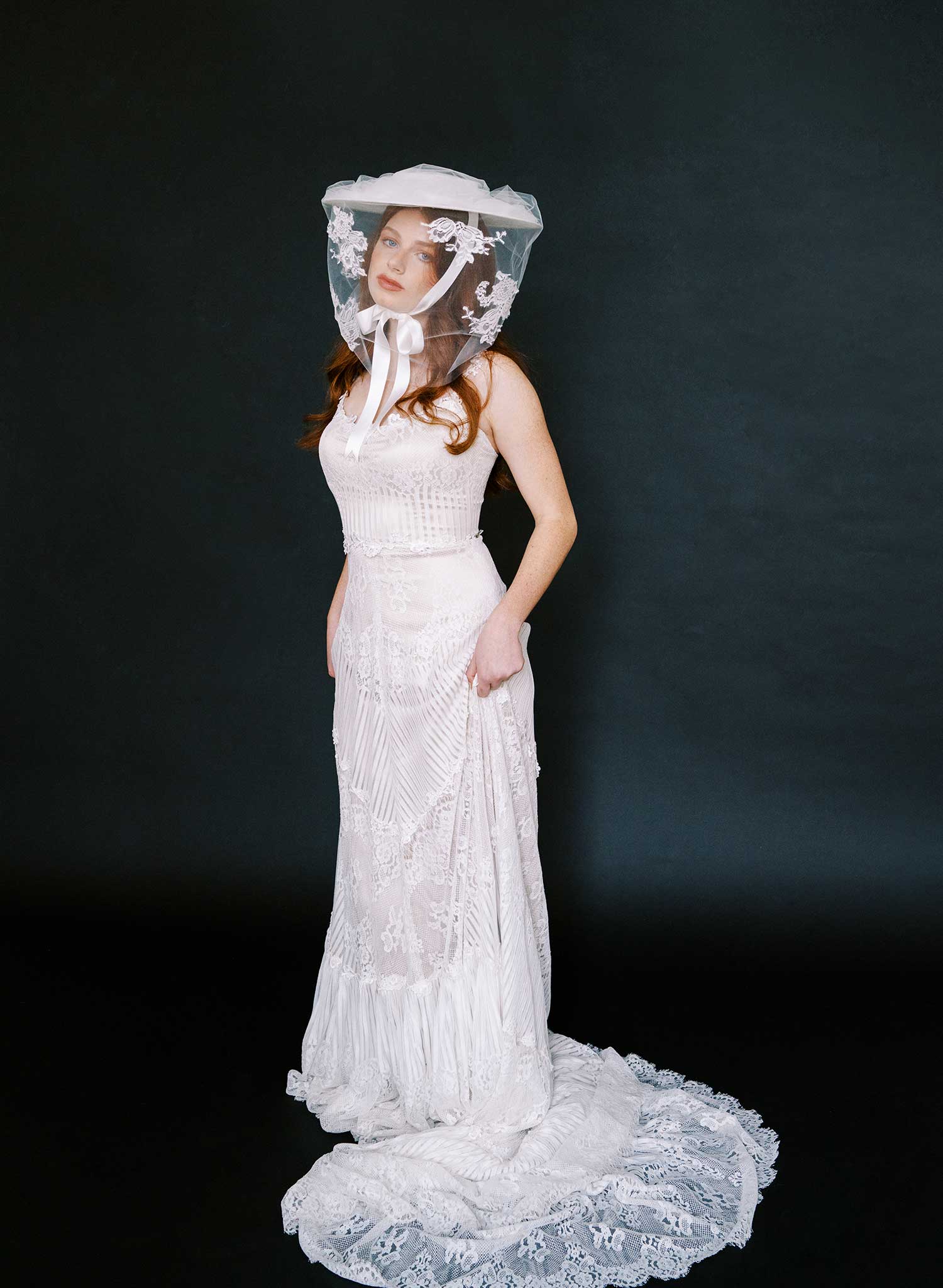 Straw bridal hat with silk ribbon tie and veil - Style #2637